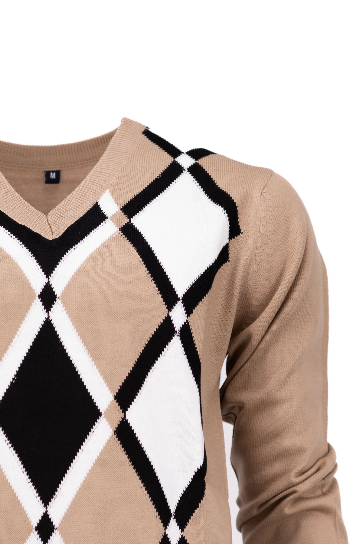 Erkek Kışlık Doğal Yünlü Örme V Yaka Kazak Baklava Desenli Rahat Tam Kalıp Klasik Model