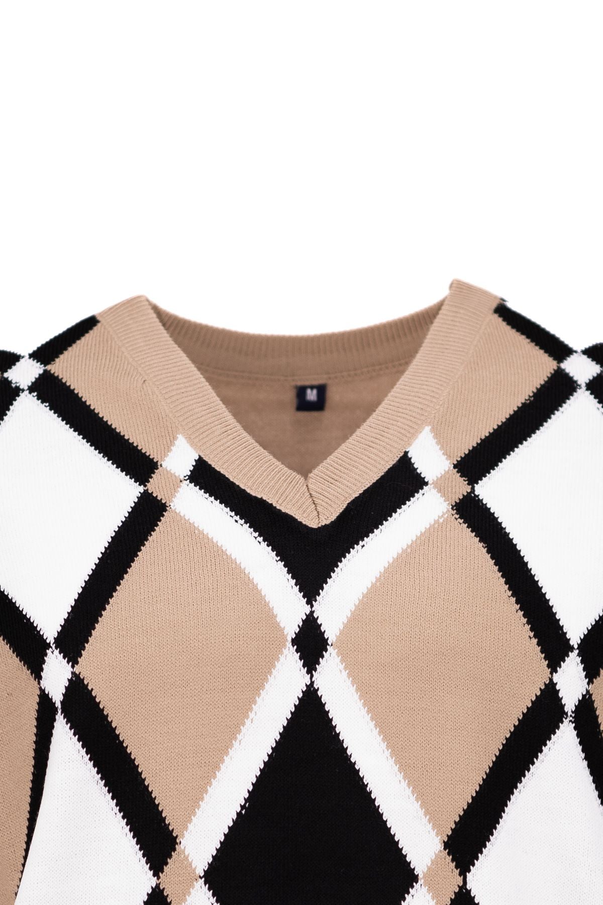 Erkek Kışlık Doğal Yünlü Örme V Yaka Kazak Baklava Desenli Rahat Tam Kalıp Klasik Model