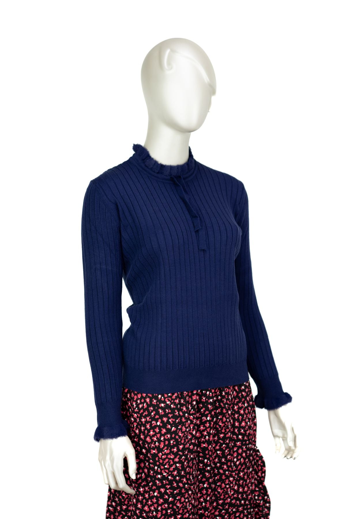 Kadın Pamuklu Örme Badi Kazak Likralı Esnek Çizgi Motifli Bağcıklı Yuvarlak Yakalı Uzun Kol