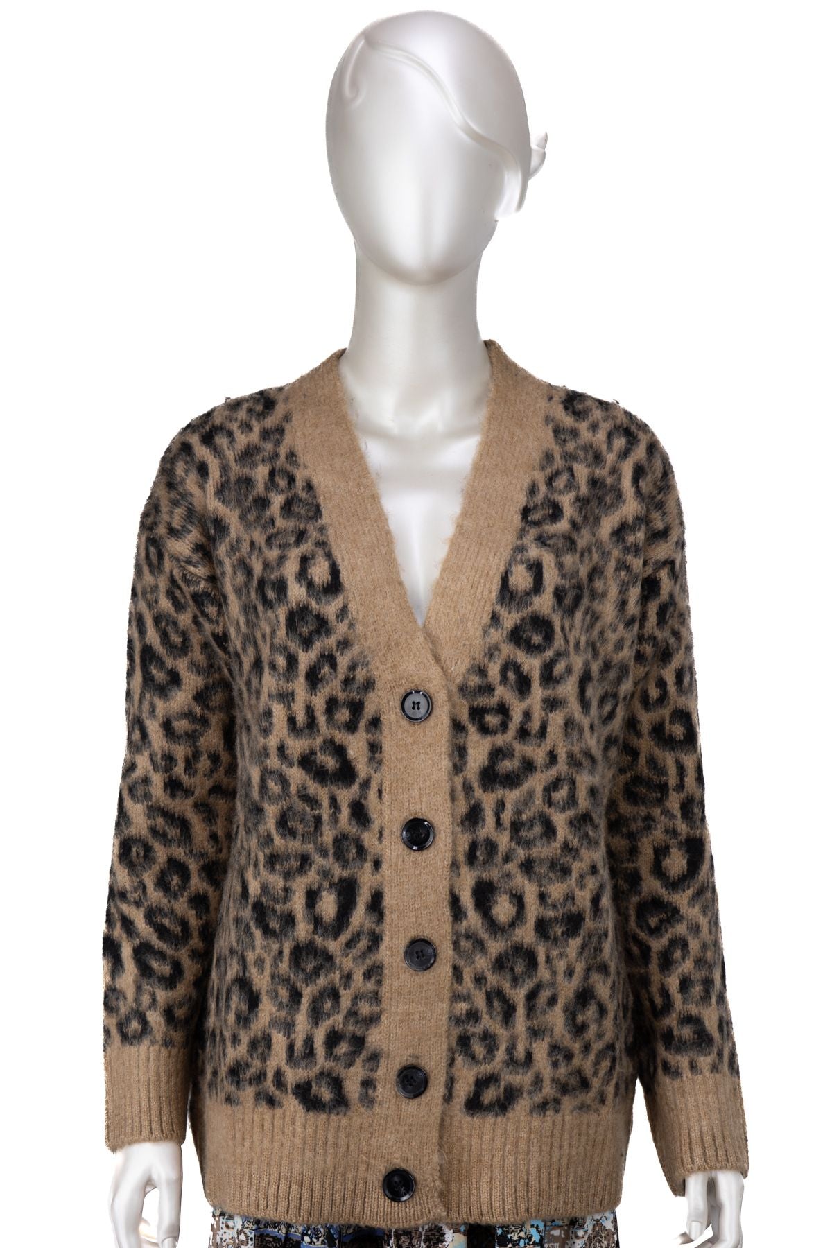 Kadın Kışlık Yün Örme Triko Hırka Over Size Standart Beden V Yaka Modern Leopar Motifli