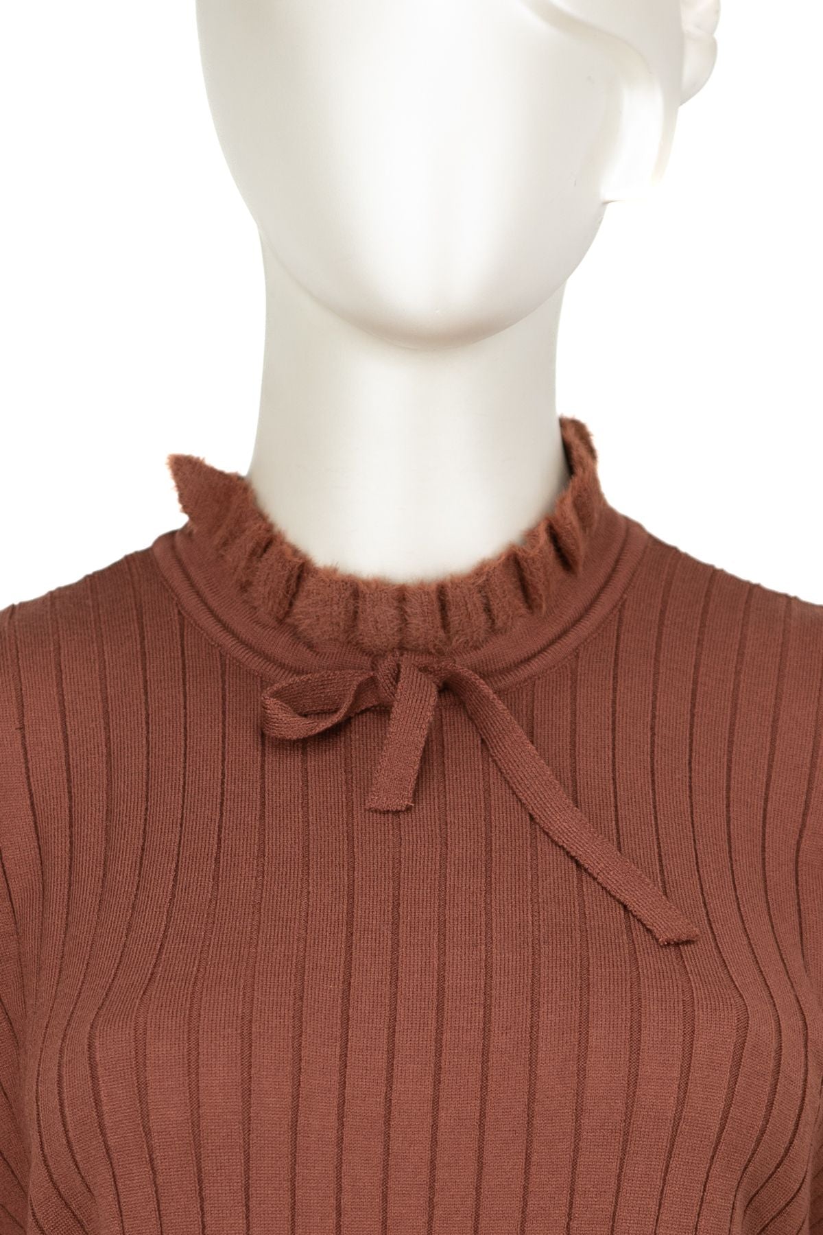 Kadın Pamuklu Örme Badi Kazak Likralı Esnek Çizgi Motifli Bağcıklı Yuvarlak Yakalı Uzun Kol