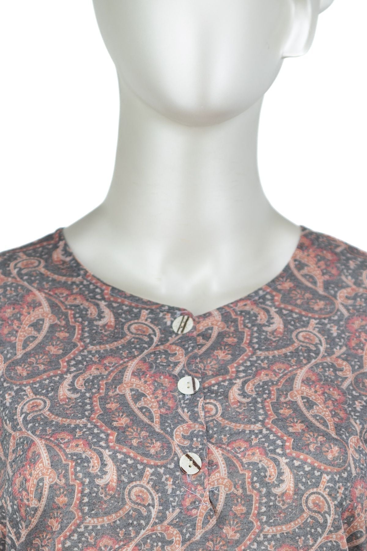 Kadın Kağıt Baskı Klasik Anne Bluz Sarmaşık Desenli Üç Düğmeli Yuvarlak Yaka Tam Kalıp