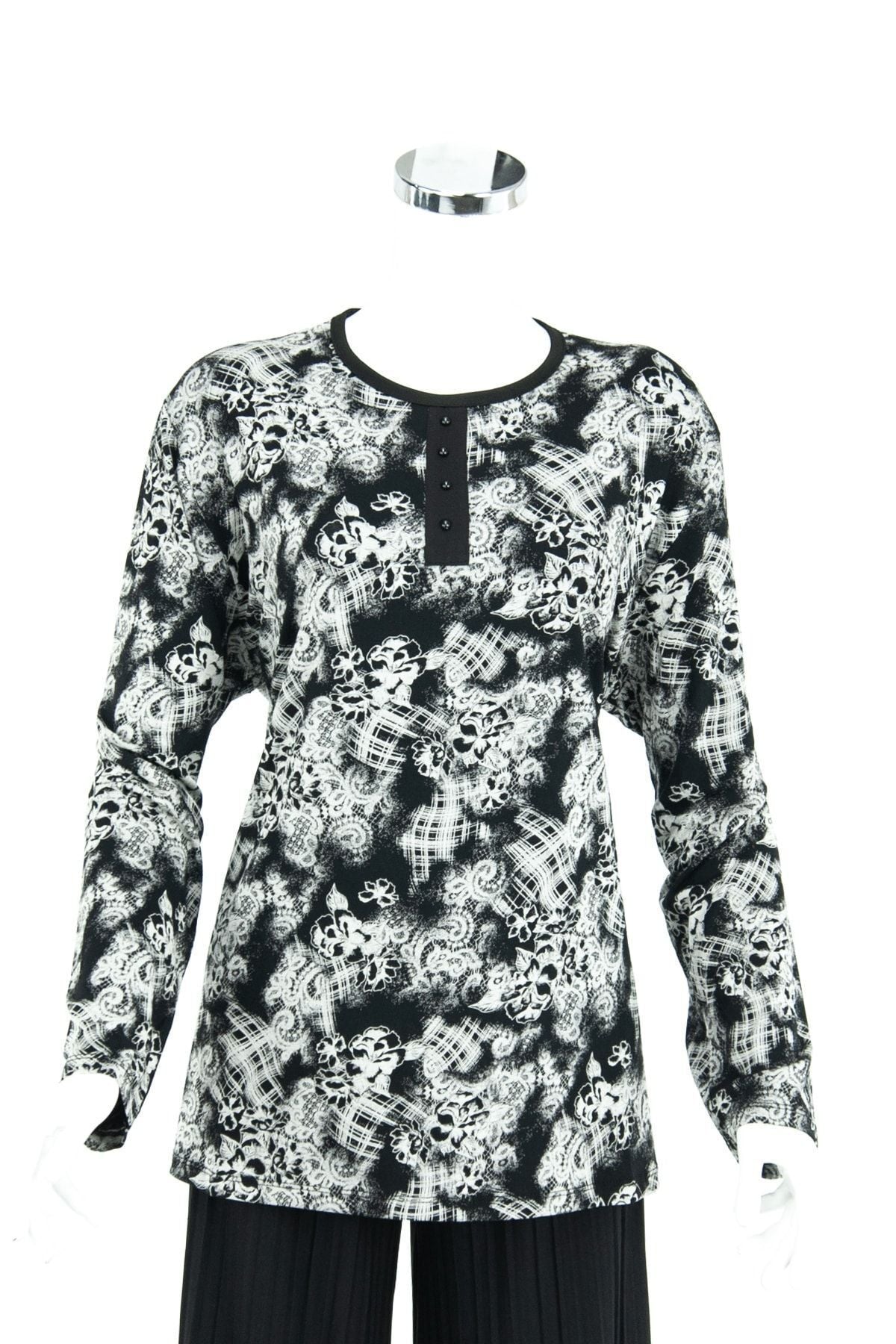 Kadın Çınar Desenli Sıfır Yaka Geniş Kalıp Likralı Viskon Penye Kumaş Büyük Beden Anne Bluz