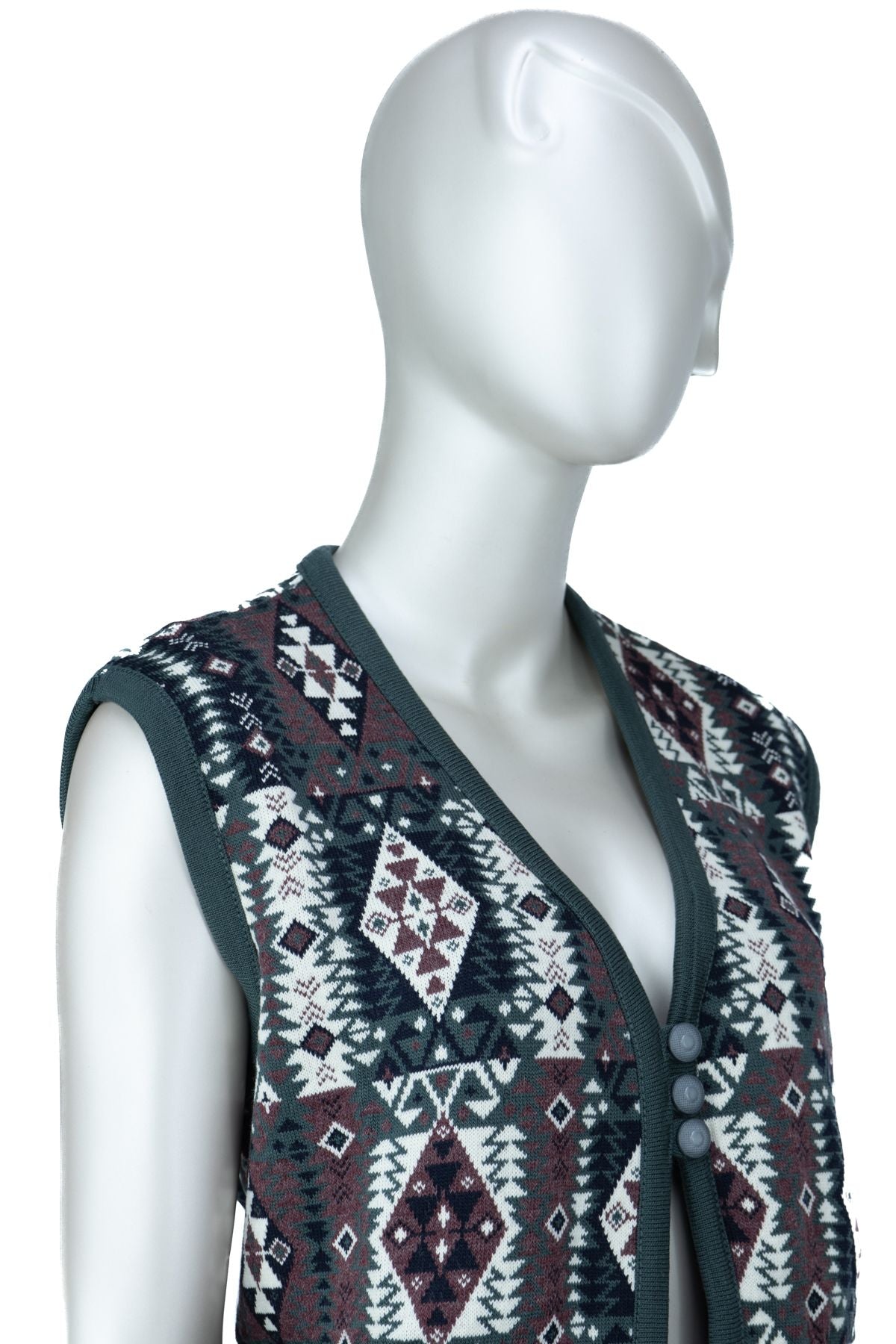 Kadın Kışlık Anne Yelek Pamuklu Triko Örme Klasik Etnik Motifli Önden Düğmeli Çift Cepli