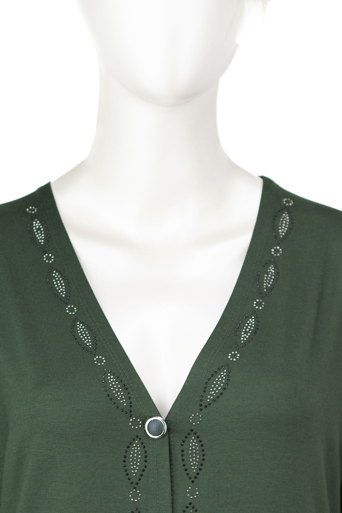 Kadın Turlu Viskon Penye Kumaş Anne Hırka V Yaka Modern Düğmeli ve Şık Taşlı Cepli Tam Kalıp