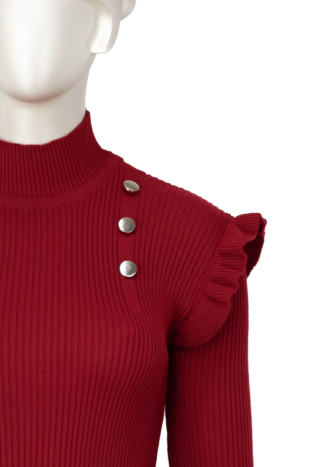 Kadın Kışlık Kolları Şık DüğmeDetaylı Yarım Yaka Bedene Oturan Likralı Örme Triko Badi Kazak