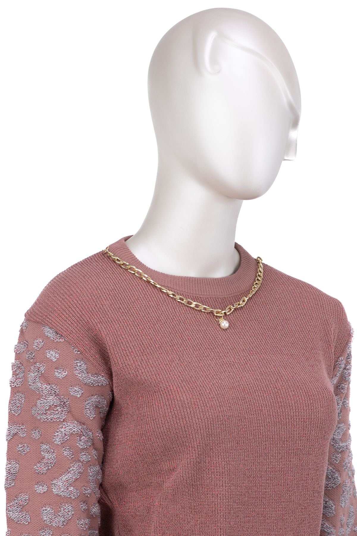 Kadın Kışlık Zincir Modelli Yuvarlak Yaka Spor Kesim Likralı Simli iplikten Örme Triko Kazak