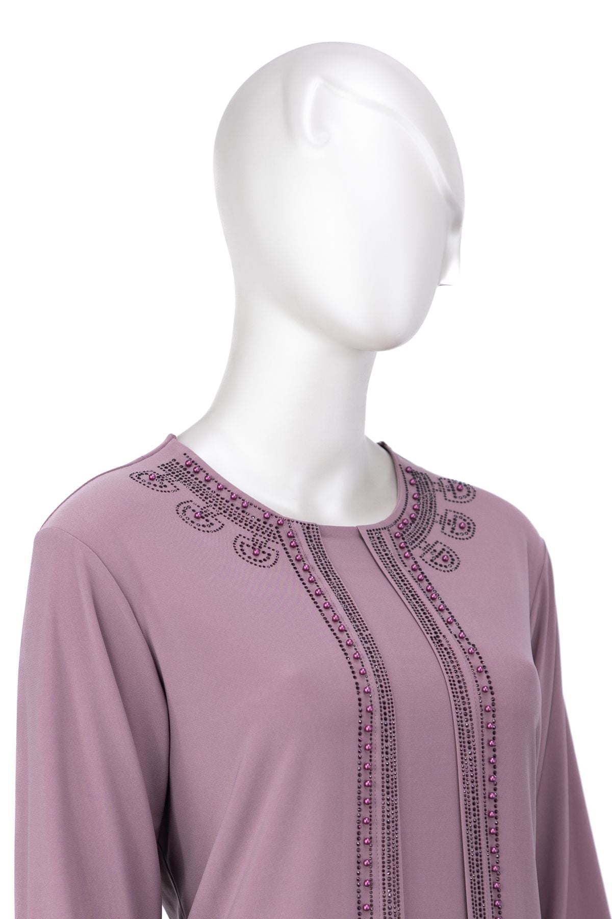 Kadın Sandy Kumaş Anne Bluz inci Taşlı Boncuklu Yuvarlak Yaka Likralı Rahat Kesim Tam Kalıp