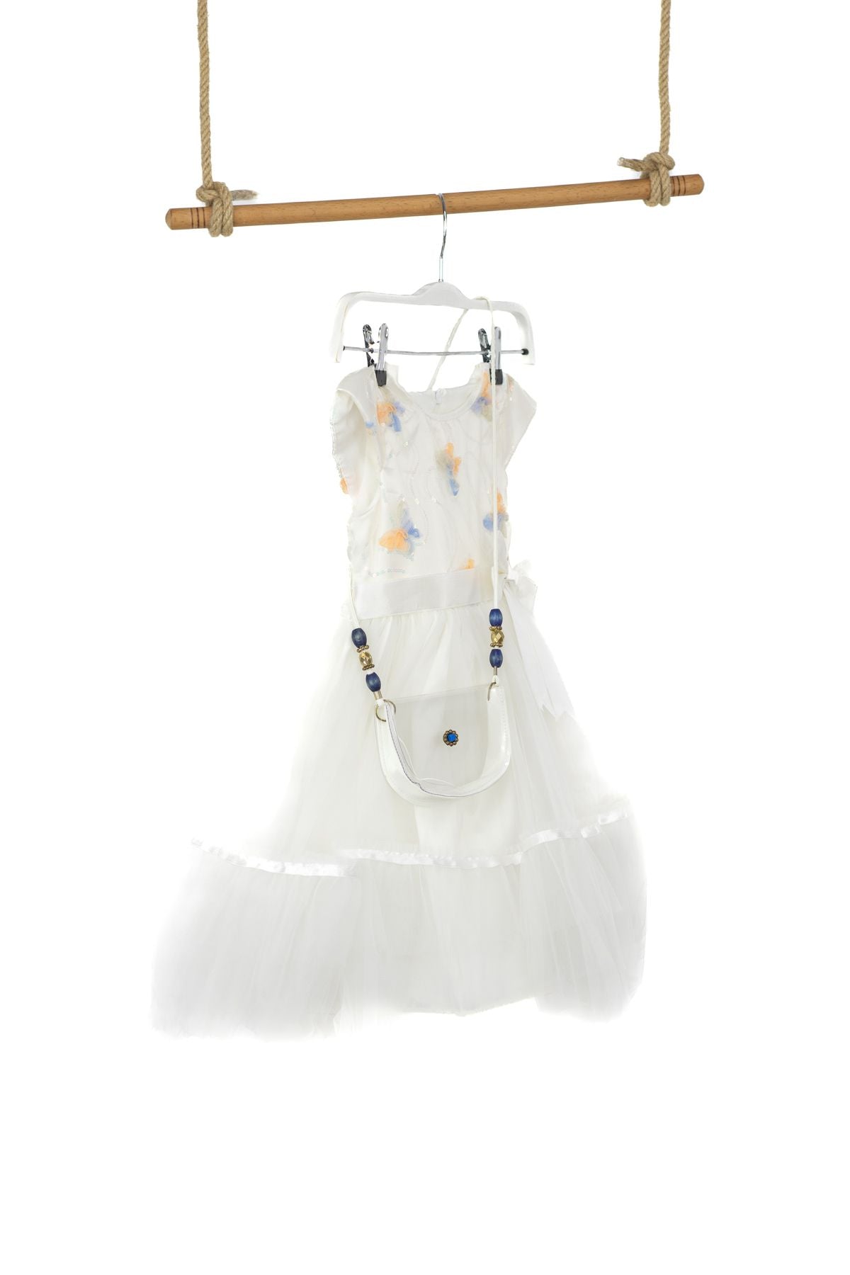 Kız Çocuk Pamuklu Kumaş Kelebek Elbise 5-6-7-8 Yaş Çantalı YuvarlakYaka Astarlı Şifon Etekli