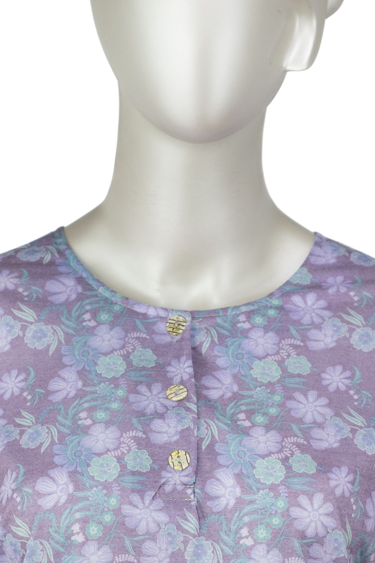 Kadın Kağıt Baskı Klasik Anne Bluz Pamuk Kumaş Fesleğen Desenli Üç Düğmeli Tam Kalıp