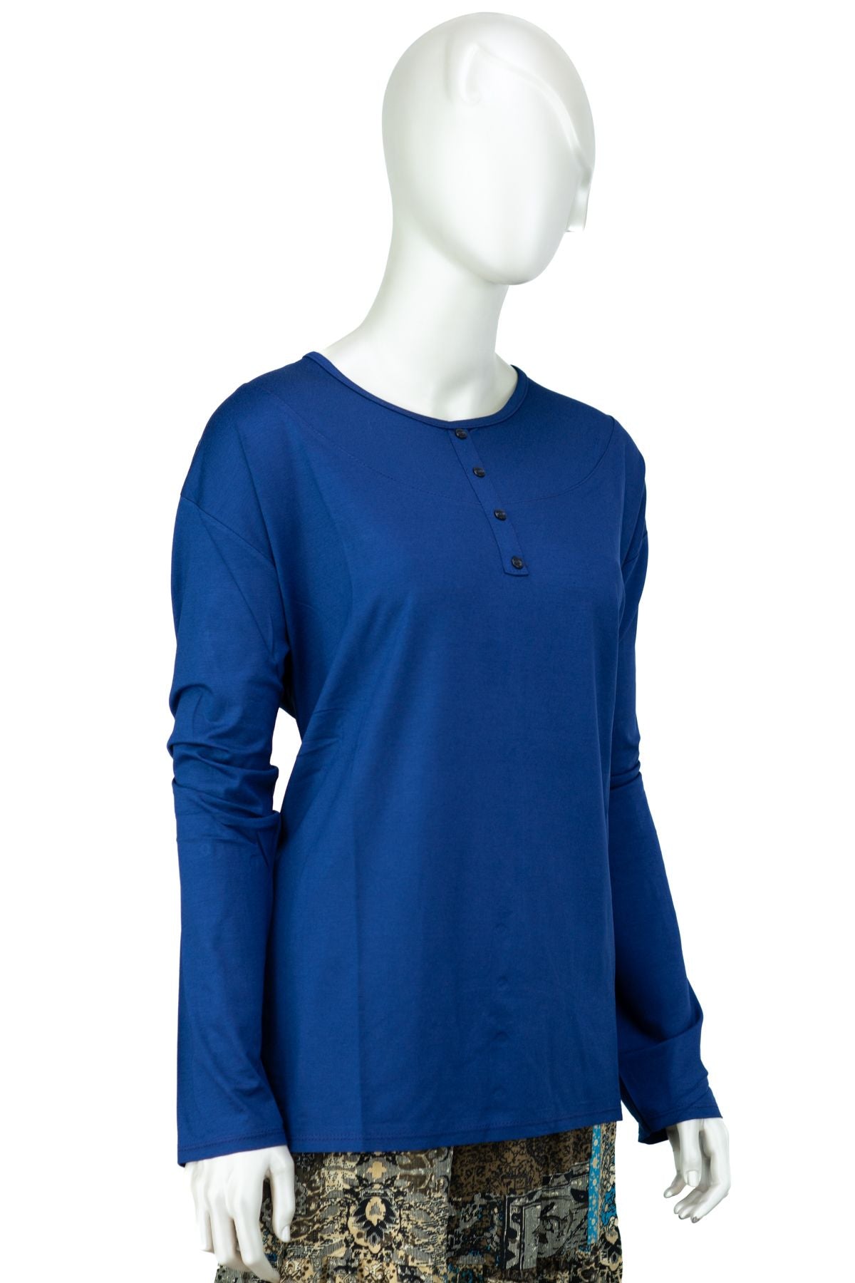 Kadın Klasik Düğme Desenli Yuvarlak Yaka Rahat Büyük Beden Viskon Penye Kumaş Anne Bluz