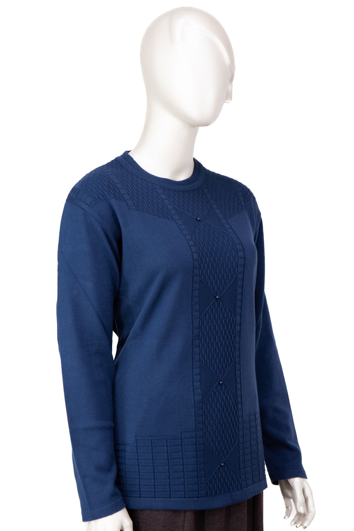 Kadın Kışlık Pamuklu Triko Dokuma Anne Kazak Boncuklu Tasarım Motifli Yuvarlak Yakalı