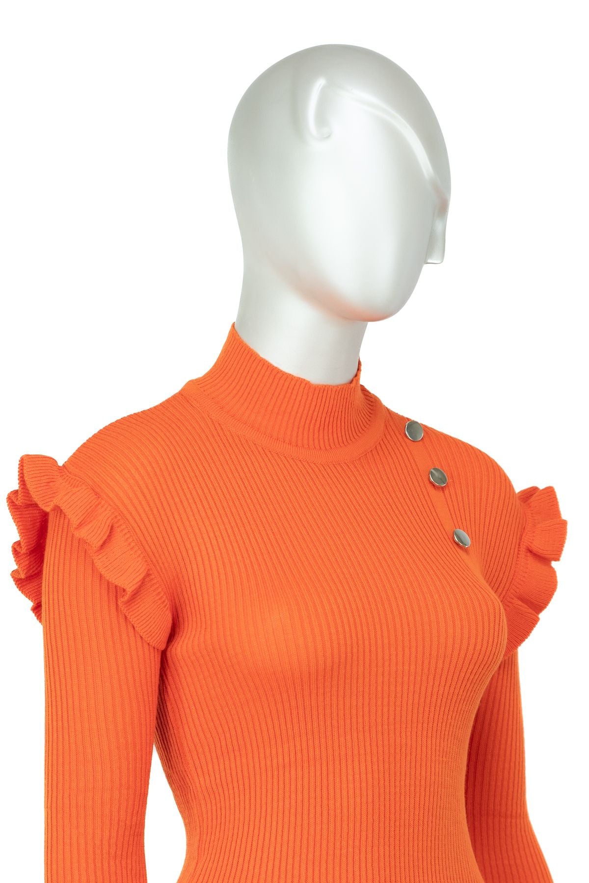 Kadın Kışlık Kolları Şık DüğmeDetaylı Yarım Yaka Bedene Oturan Likralı Örme Triko Badi Kazak