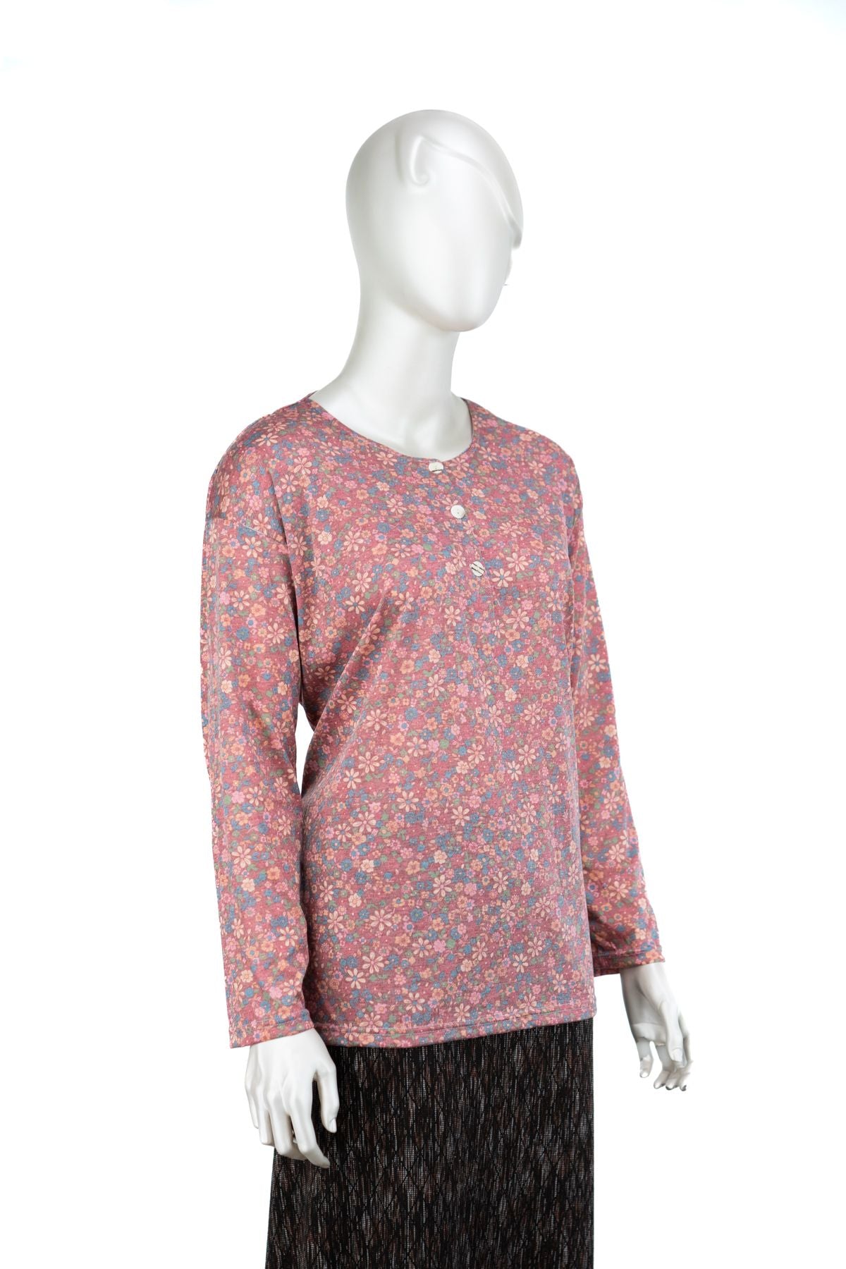 Kadın Kağıt Baskı Klasik Anne Bluz Şık Papatya Desenli Üç Düğmeli Yuvarlak Yaka Tam Kalıp