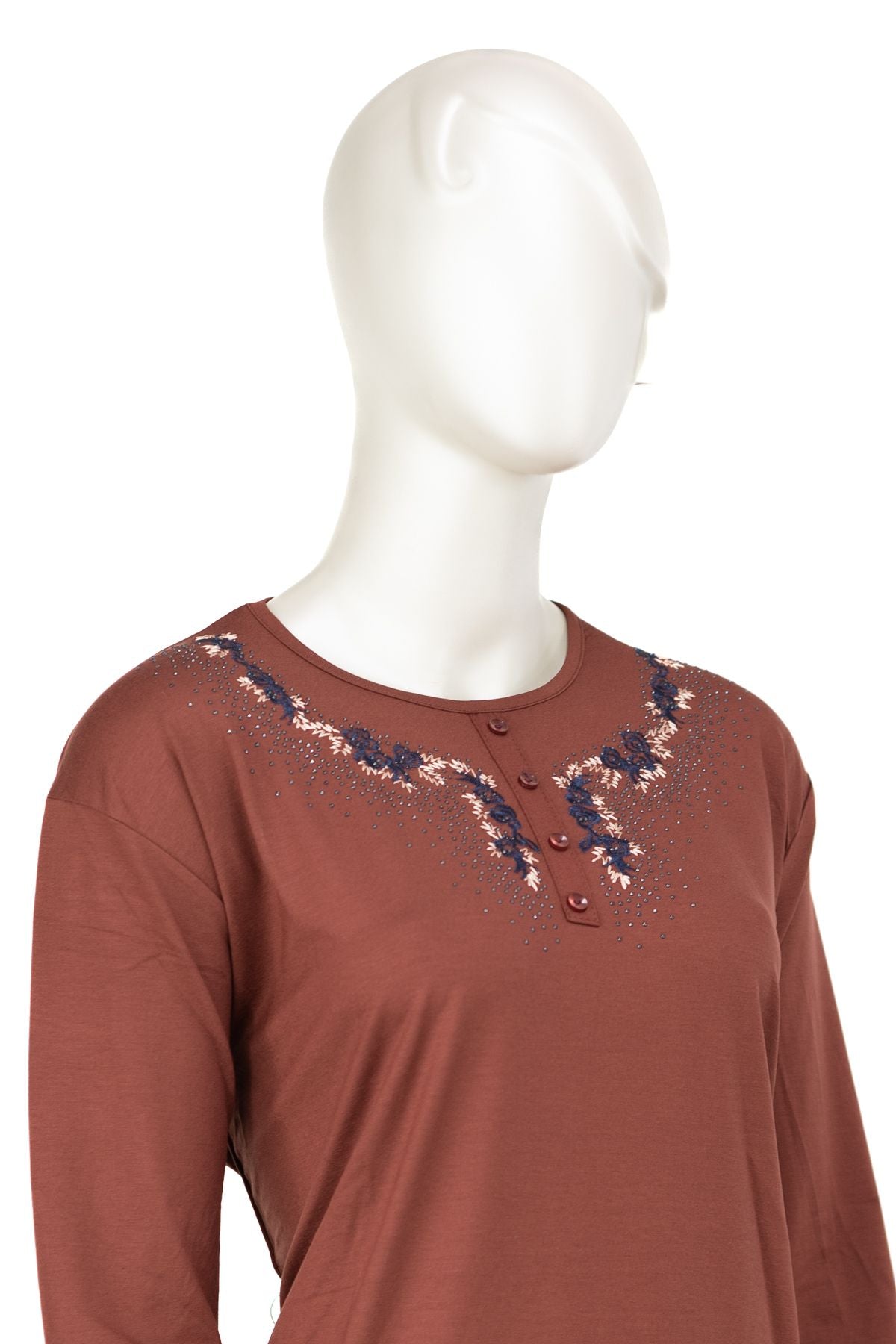 Kadın Turlu Viskon Penye Kumaş Anne Bluz Şık Taşlı ve Nakışlı Yuvarlak Yaka TamKalıp Likralı