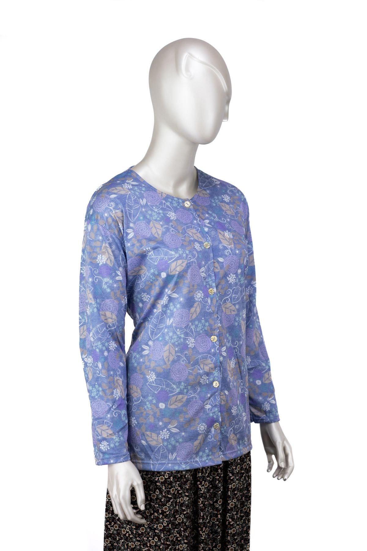 Kadın Kağıt Baskı Klasik Anne Bluz Pamuk Kumaş Yaprak Desenli Boydan Düğmeli Rahat TamKalıp