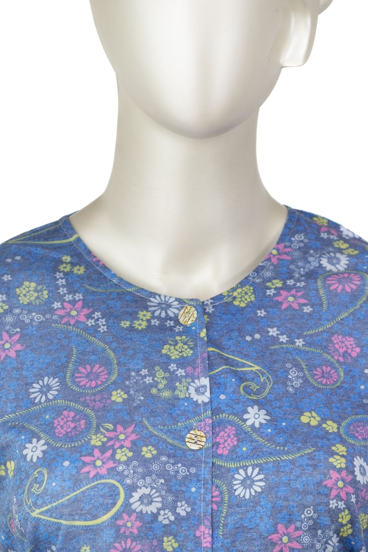 Kadın Kağıt Baskı Klasik Anne Bluz Pamuk Kumaş Defne Desenli Boydan Düğmeli Tam Kalıp