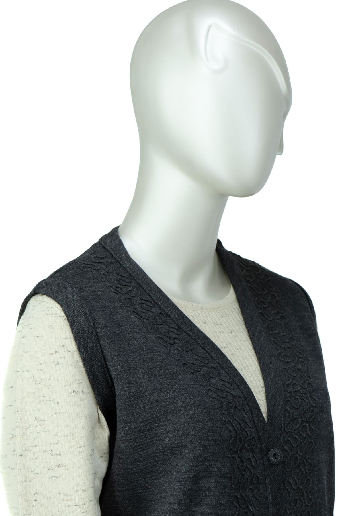 Kadın Çelik Örme Anne Yelek V Yaka Sarmaşık Nakışlı Çift Cepli Düğmeli Tam Kalıp Likralı