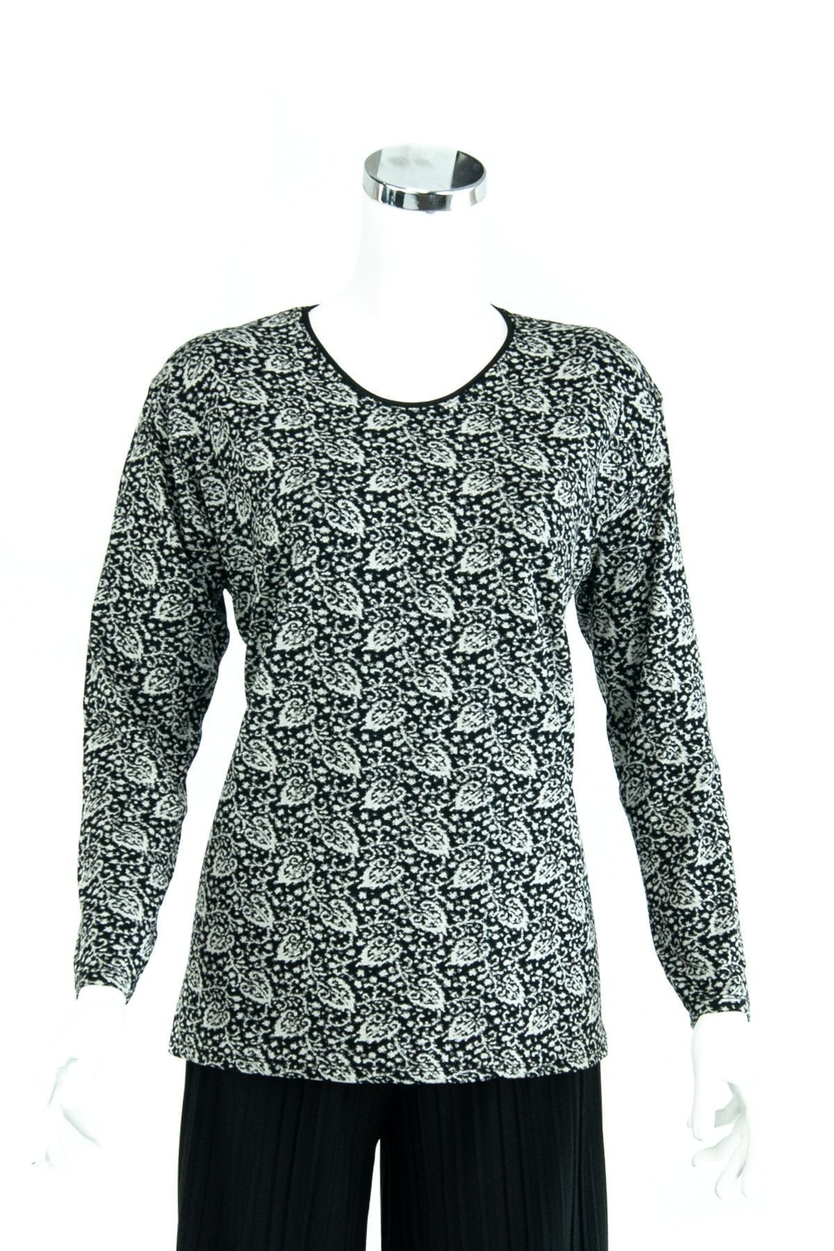 Kadın Acem Desenli Uzun Kollu Hafif V Yaka Likralı Viskon Penye Kumaş  Bluz