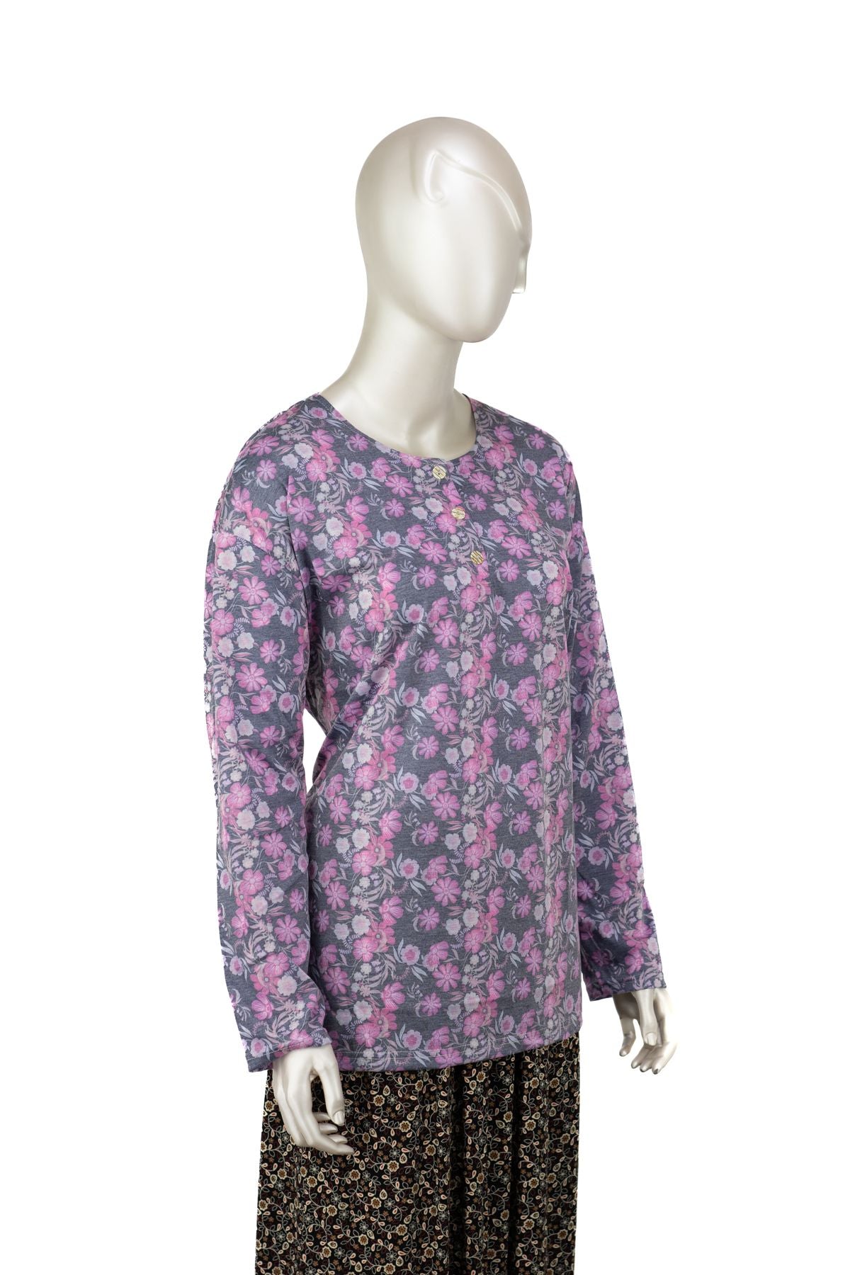 Kadın Kağıt Baskı Klasik Anne Bluz Pamuk Kumaş Fesleğen Desenli Üç Düğmeli Tam Kalıp