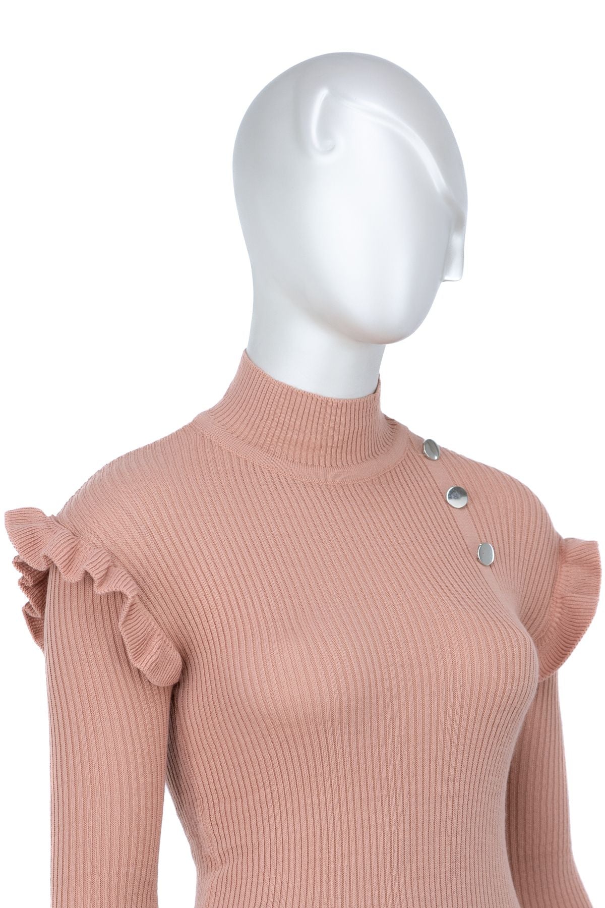 Kadın Kışlık Kolları Şık DüğmeDetaylı Yarım Yaka Bedene Oturan Likralı Örme Triko Badi Kazak