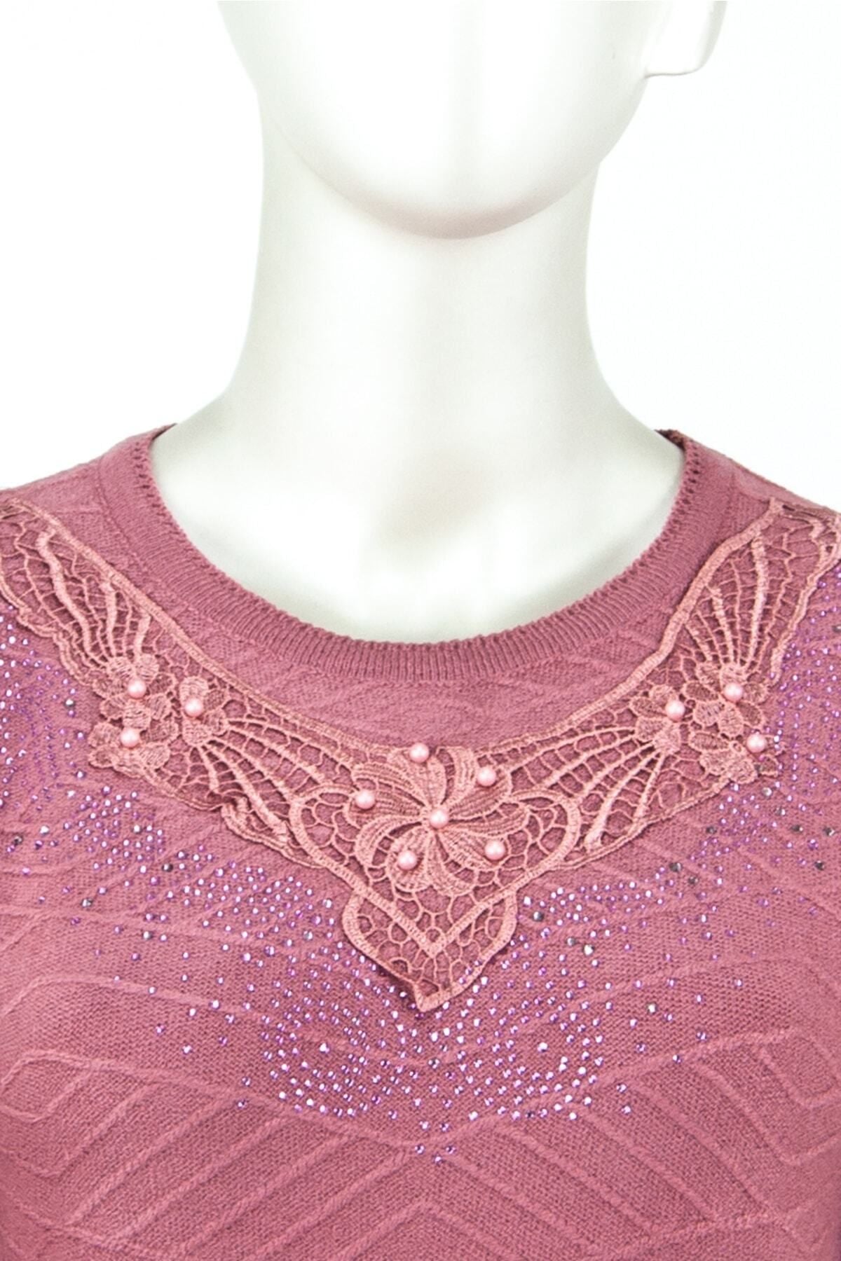 Kadın Kışlık Buket Motifli Boncuklu Ve Taşlı Dar Kesim Kardelen Dokuma Genç Anne Triko Kazak