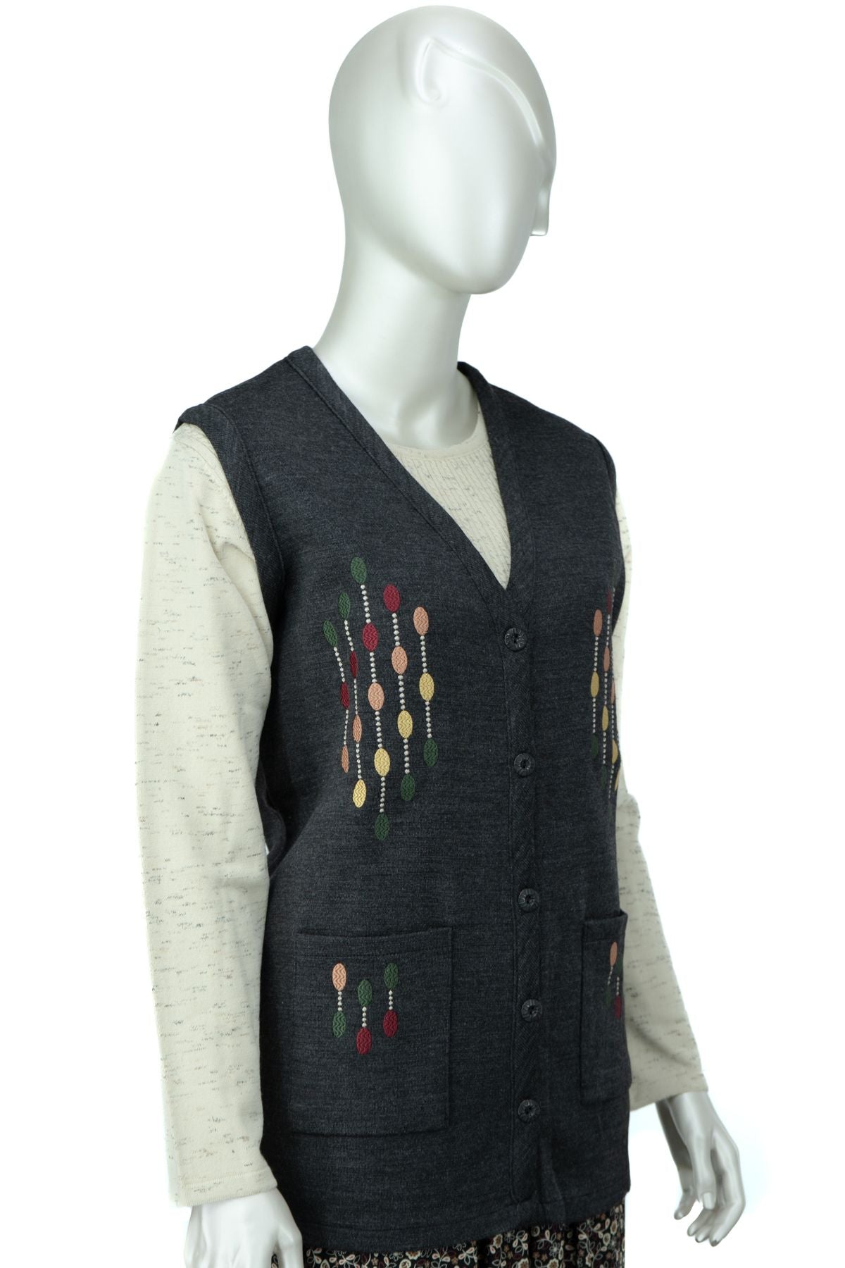 Kadın Çelik Örme Anne Yelek V Yaka Damlam Nakışlı Çift Cepli Düğmeli Rahat Tam Kalıp Likralı