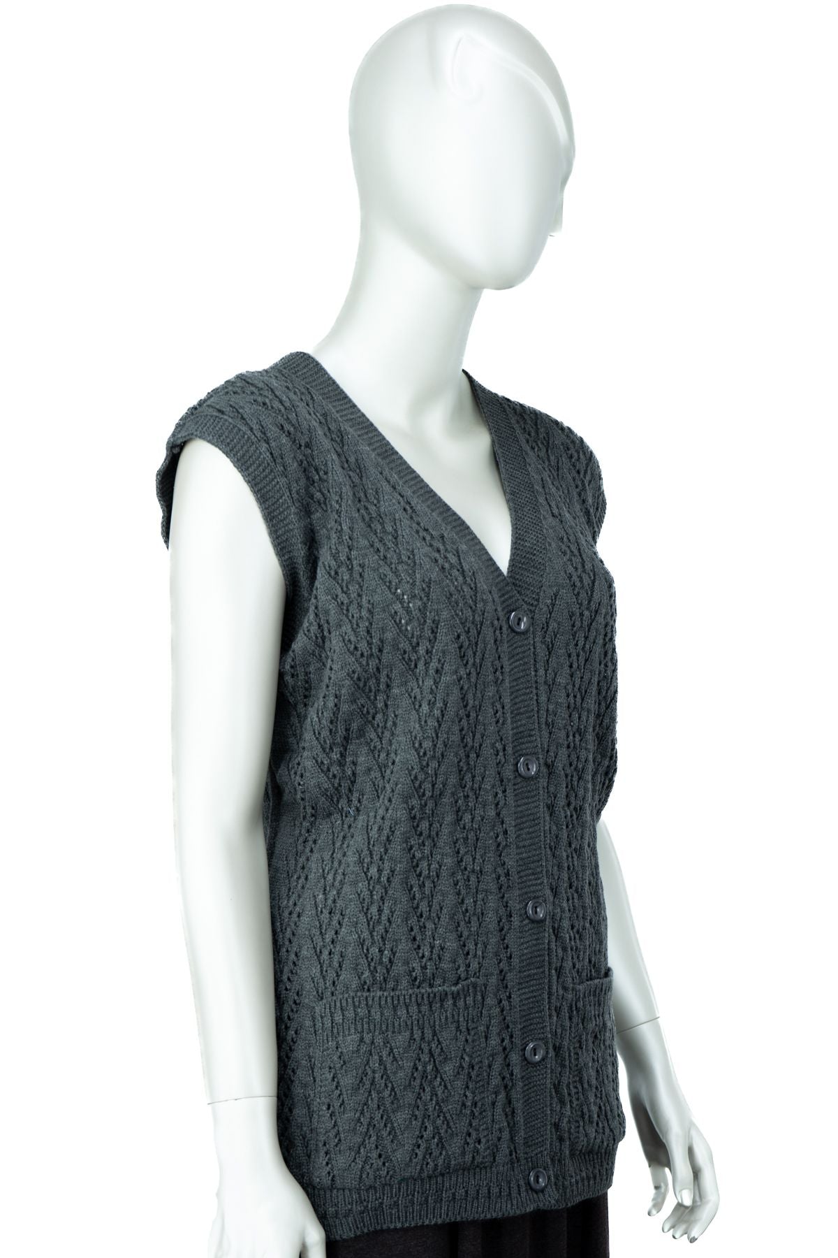 Kadın Kışlık Pamuklu Triko Klasik Örme Anne Yelek Kilim Örgü Model Önden Düğmeli Çift Cepli