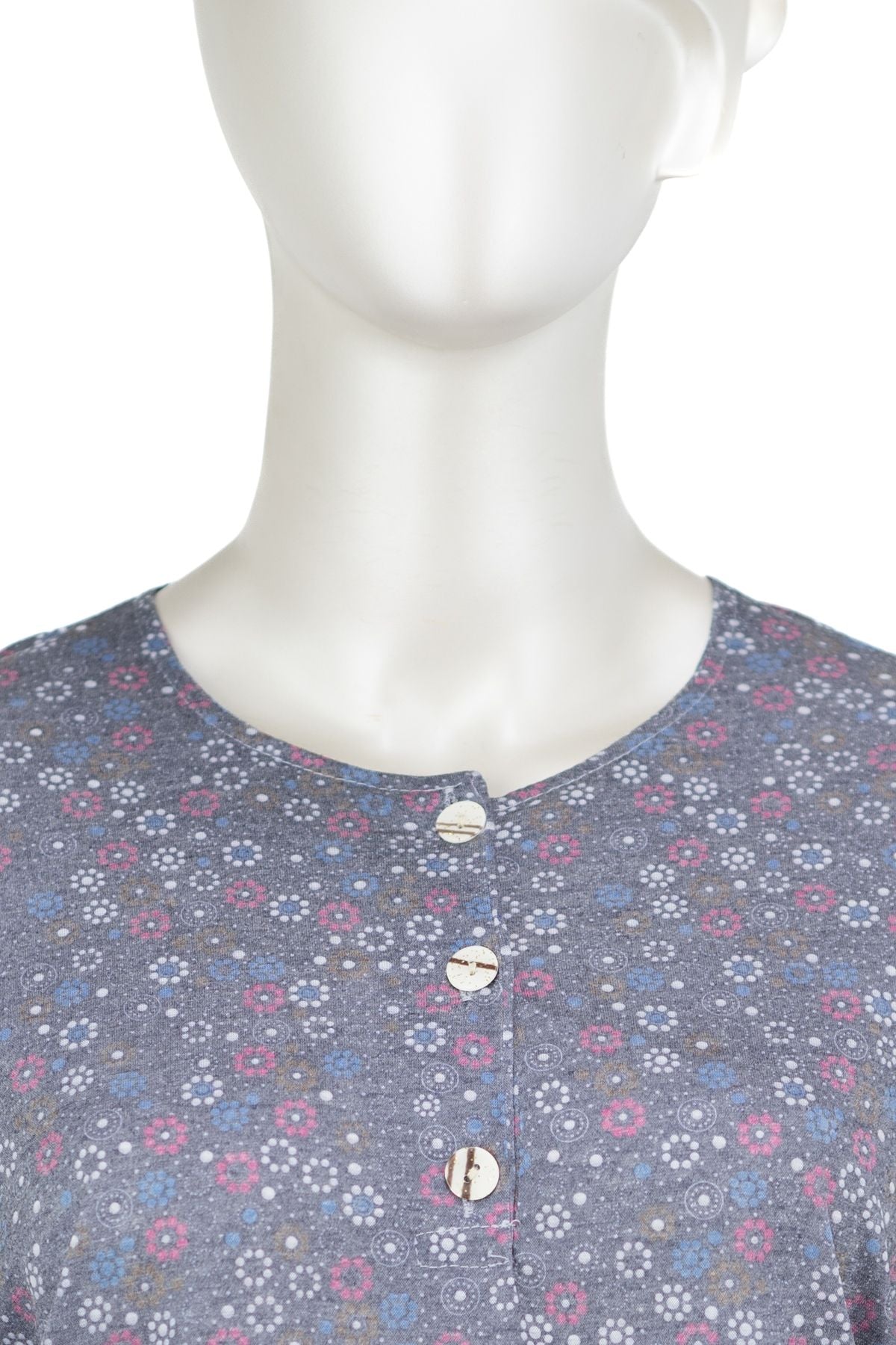 Kadın Kağıt Baskı Klasik Anne Bluz Manolya Desenli Üç Düğmeli Yuvarlak Yaka Tam Kalıp