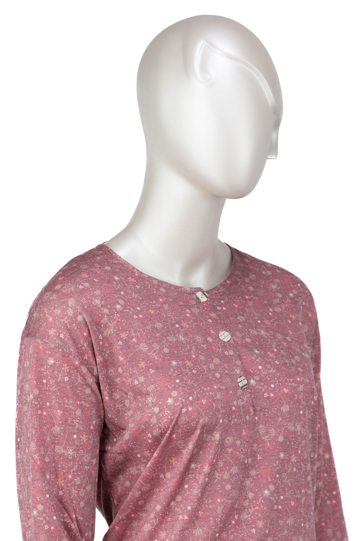 Kadın Kağıt Baskı Klasik Anne Bluz Demet Desenli Üç Düğmeli Yuvarlak Yaka Likralı Tam Kalıp