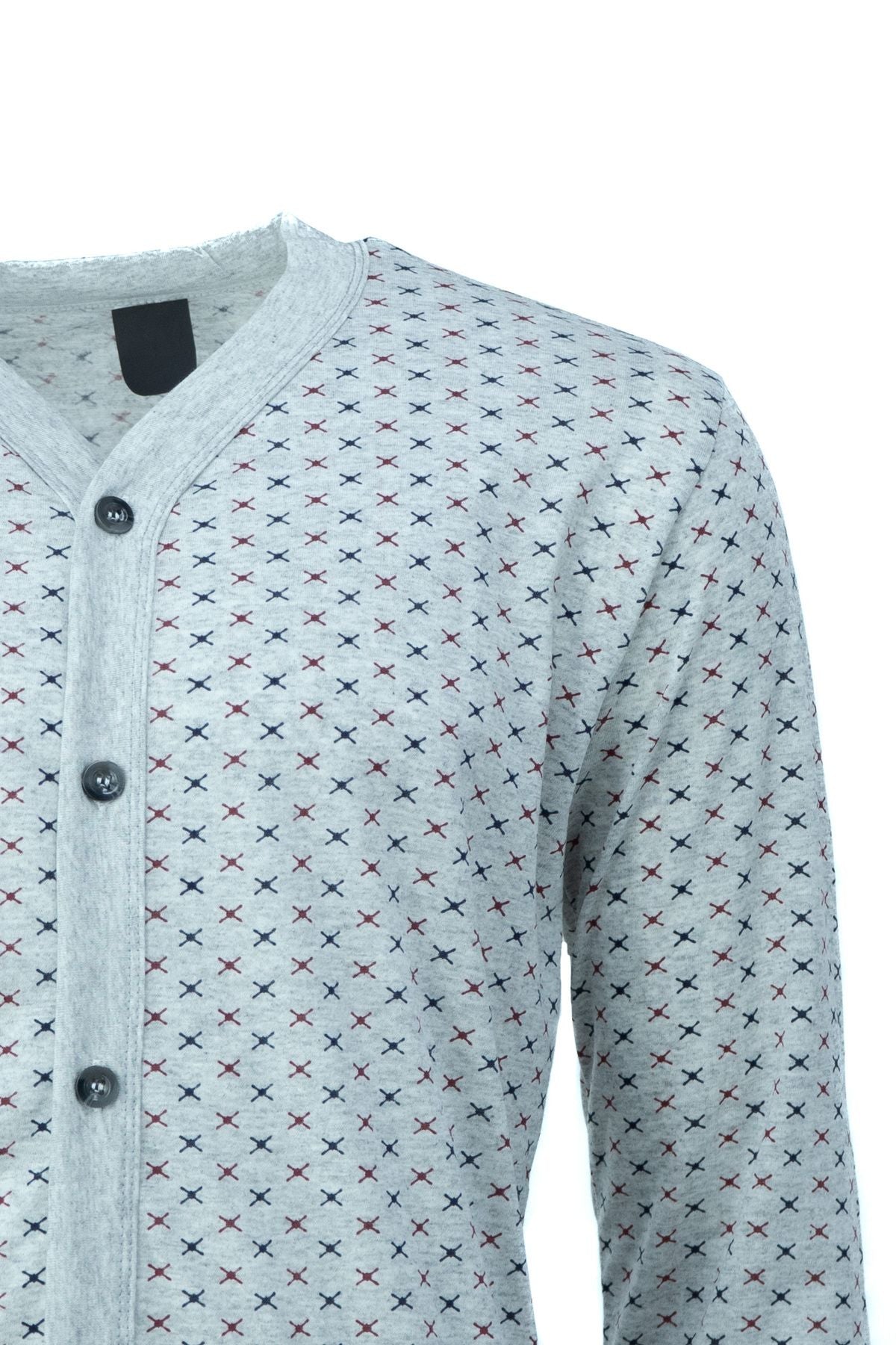 Erkek Desenli V Yaka Çift Cepli Düz Paça Pantolonlu Tam Kalıp %100 Pamuk Kumaş Pijama Takımı