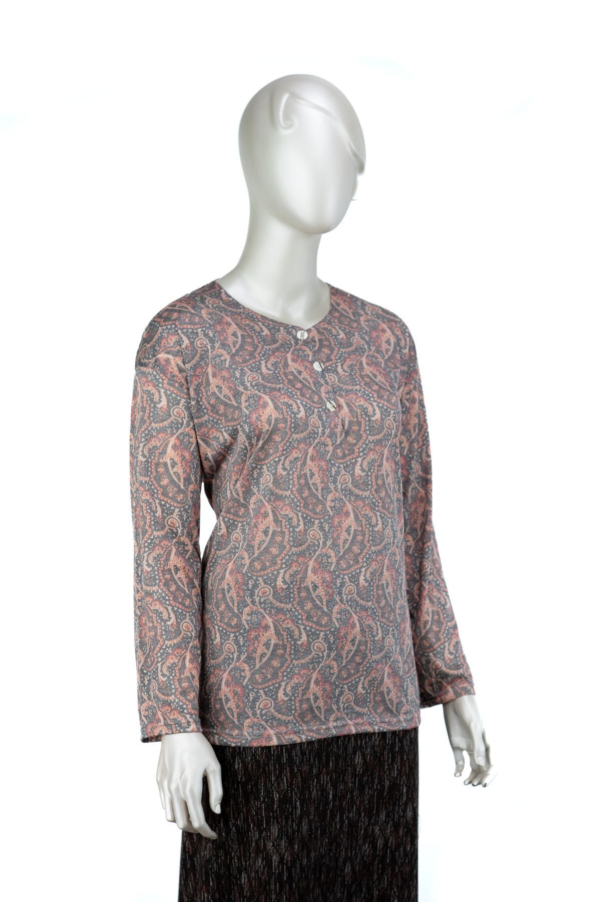 Kadın Kağıt Baskı Klasik Anne Bluz Sarmaşık Desenli Üç Düğmeli Yuvarlak Yaka Tam Kalıp