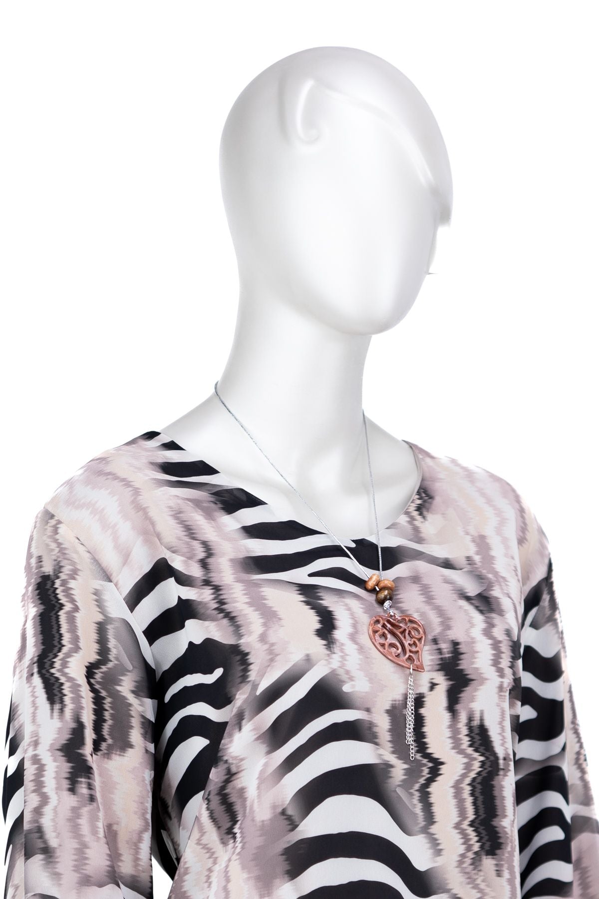 Kadın Klasik Şifon Anne Bluz Viskoz Kumaş Deniz Desenli Kolyeli Uzun Kollu Astarlı Tam Kalıp