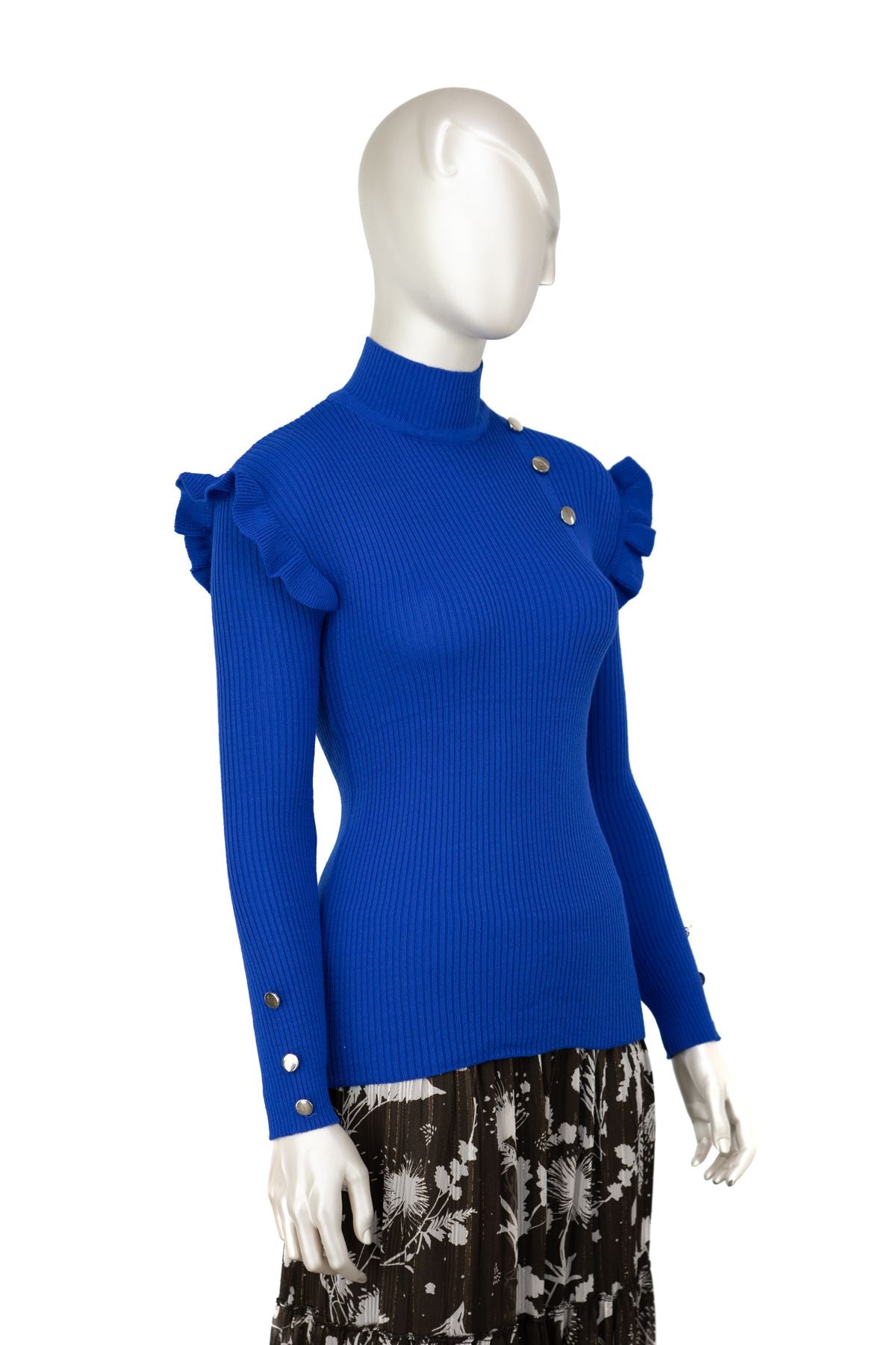 Kadın Kışlık Kolları Şık DüğmeDetaylı Yarım Yaka Bedene Oturan Likralı Örme Triko Badi Kazak