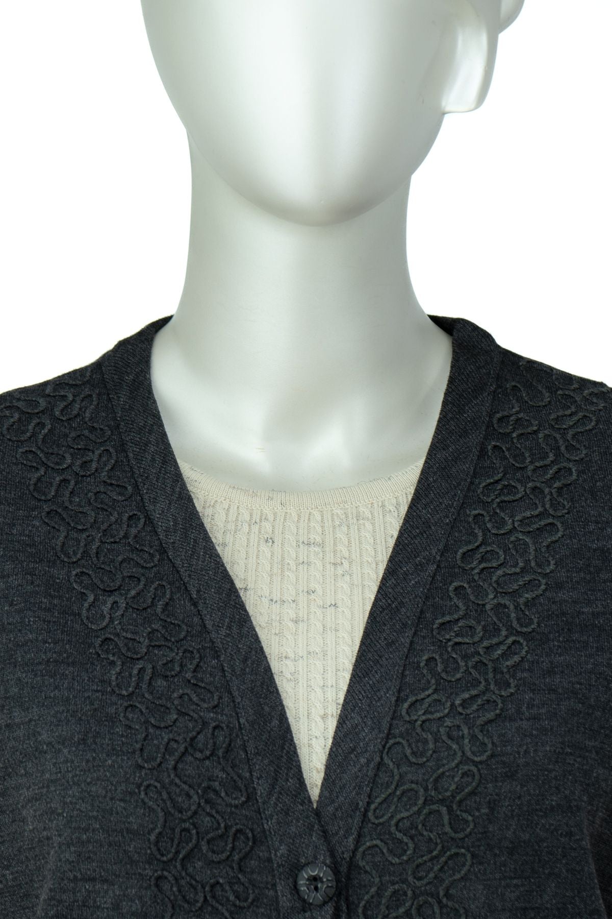 Kadın Çelik Örme Anne Yelek V Yaka Sarmaşık Nakışlı Çift Cepli Düğmeli Tam Kalıp Likralı