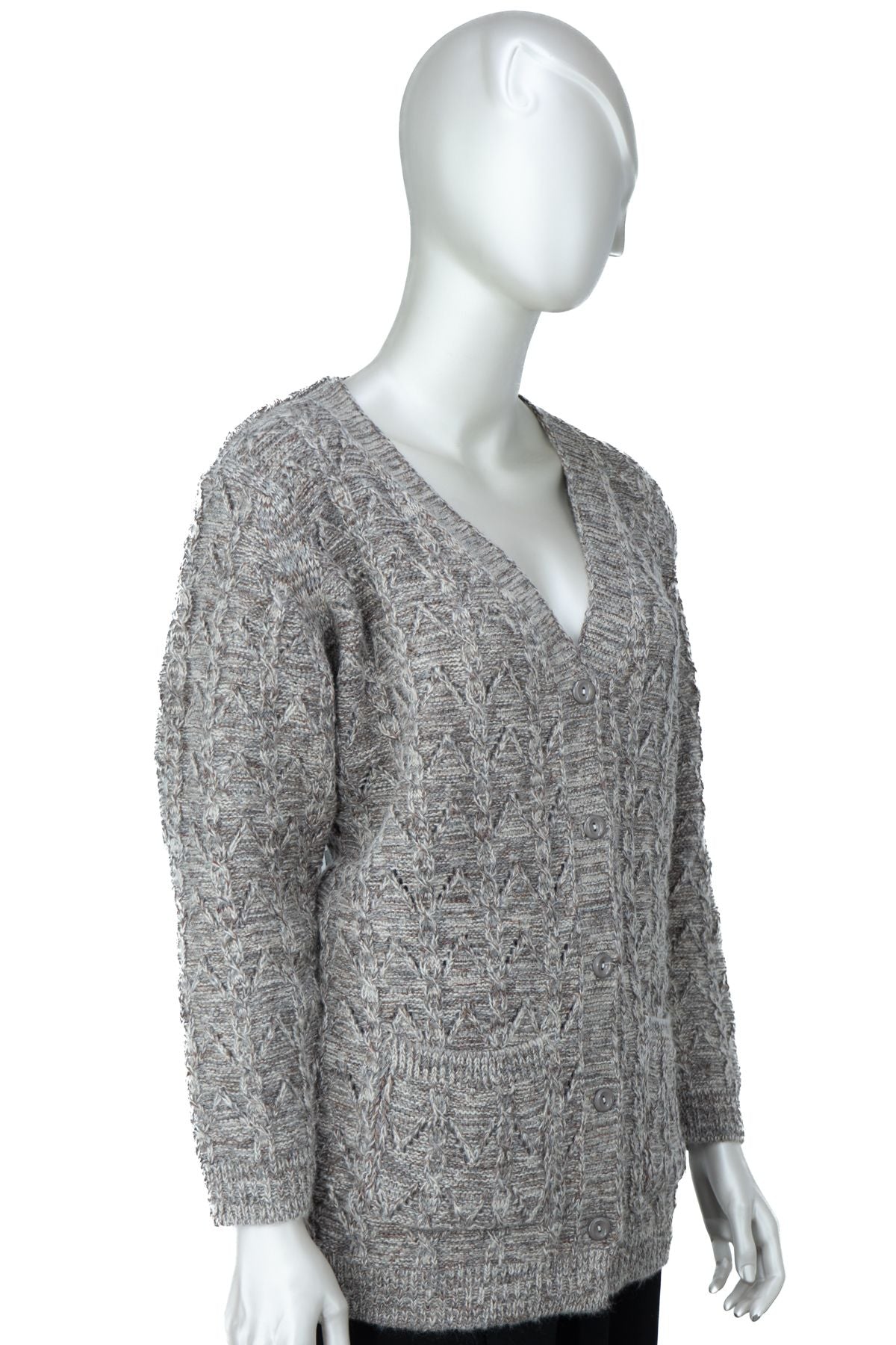 Kadın Kışlık Anne Hırka Pamuklu Triko Begonya Örgü Model Önden Düğmeli Çift Cepli Rahat