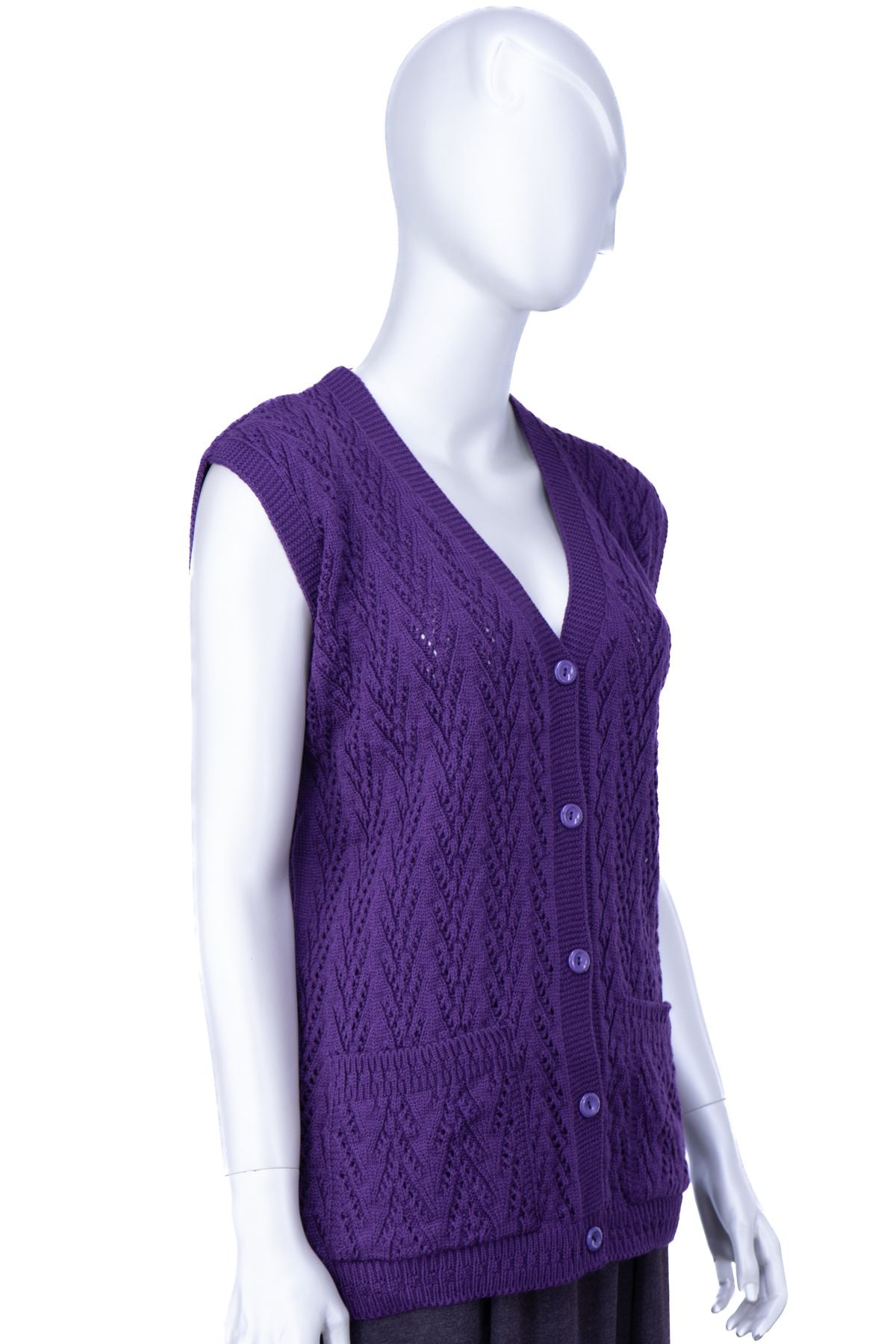 Kadın Kışlık Pamuklu Triko Klasik Örme Anne Yelek Kilim Örgü Model Önden Düğmeli Çift Cepli