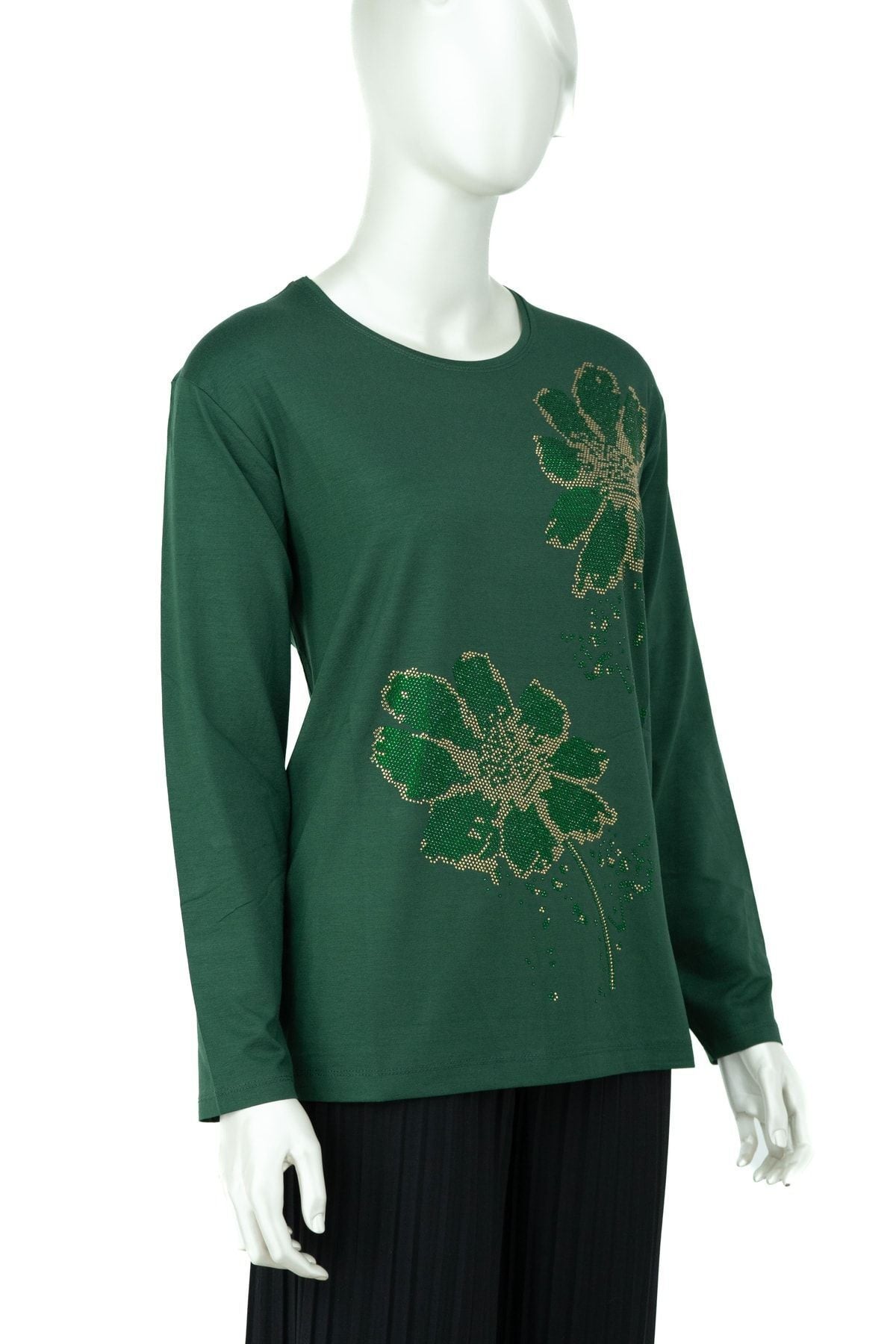 Kadın Papatya Taşlı Yuvarlak Yaka Uzun Kollu Tam Kalıp Likralı Viskon Penye Kumaş Anne Bluz