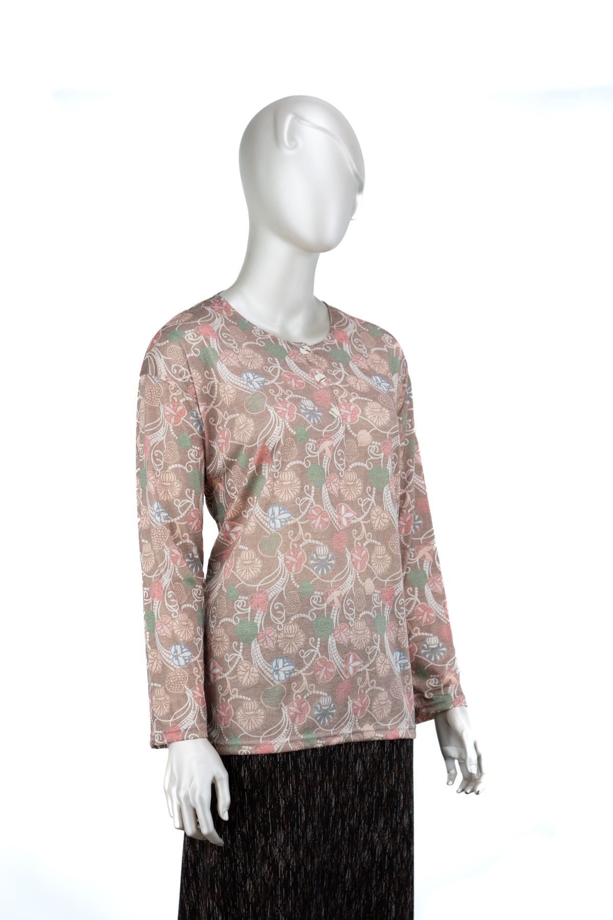 Kadın Kağıt Baskı Klasik Anne Bluz Kalp Desenli Üç Düğmeli Yuvarlak Yaka Likralı Tam Kalıp