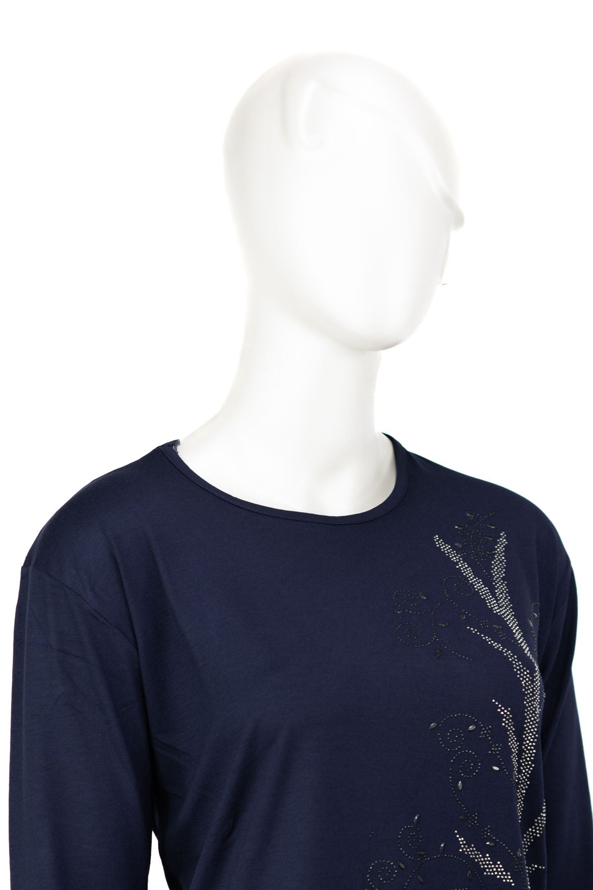 Kadın Turlu Viskon Penye Kumaş Anne Bluz Şık Çiçek Taşlı Yuvarlak Yaka Tam Kalıp Likralı