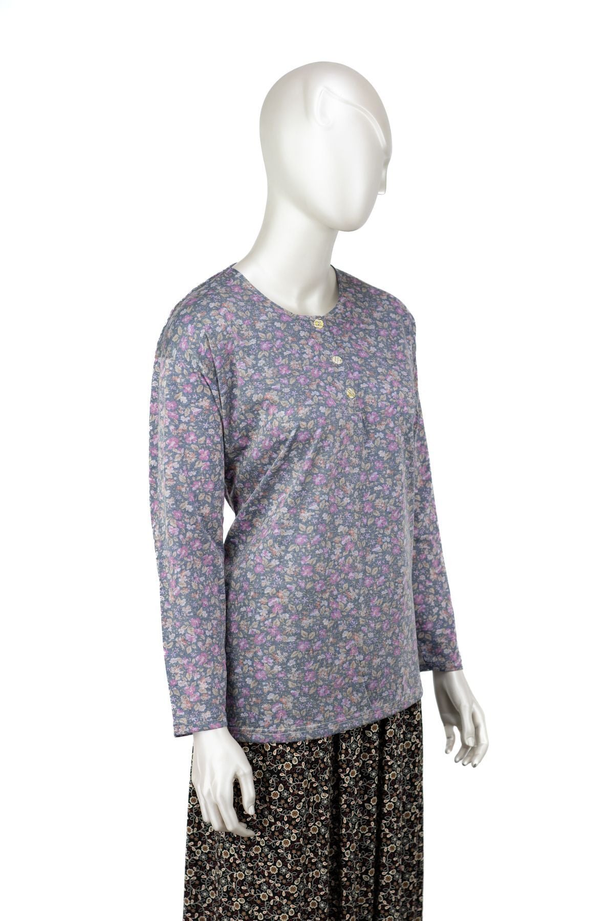 Kadın Kağıt Baskı Klasik Anne Bluz Pamuk Kumaş Begonya Desenli Üç Düğmeli Tam Kalıp