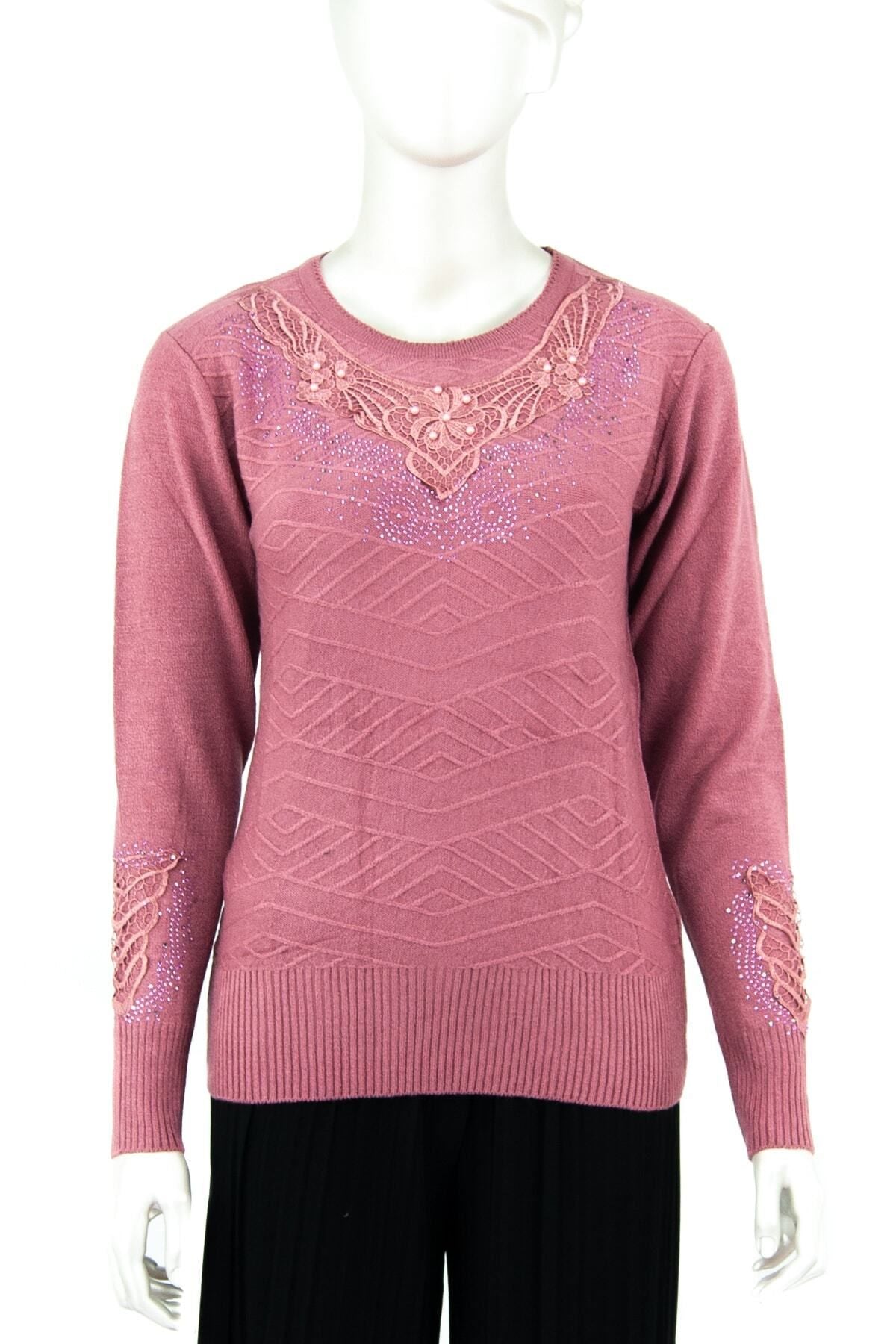 Kadın Kışlık Buket Motifli Boncuklu Ve Taşlı Dar Kesim Kardelen Dokuma Genç Anne Triko Kazak