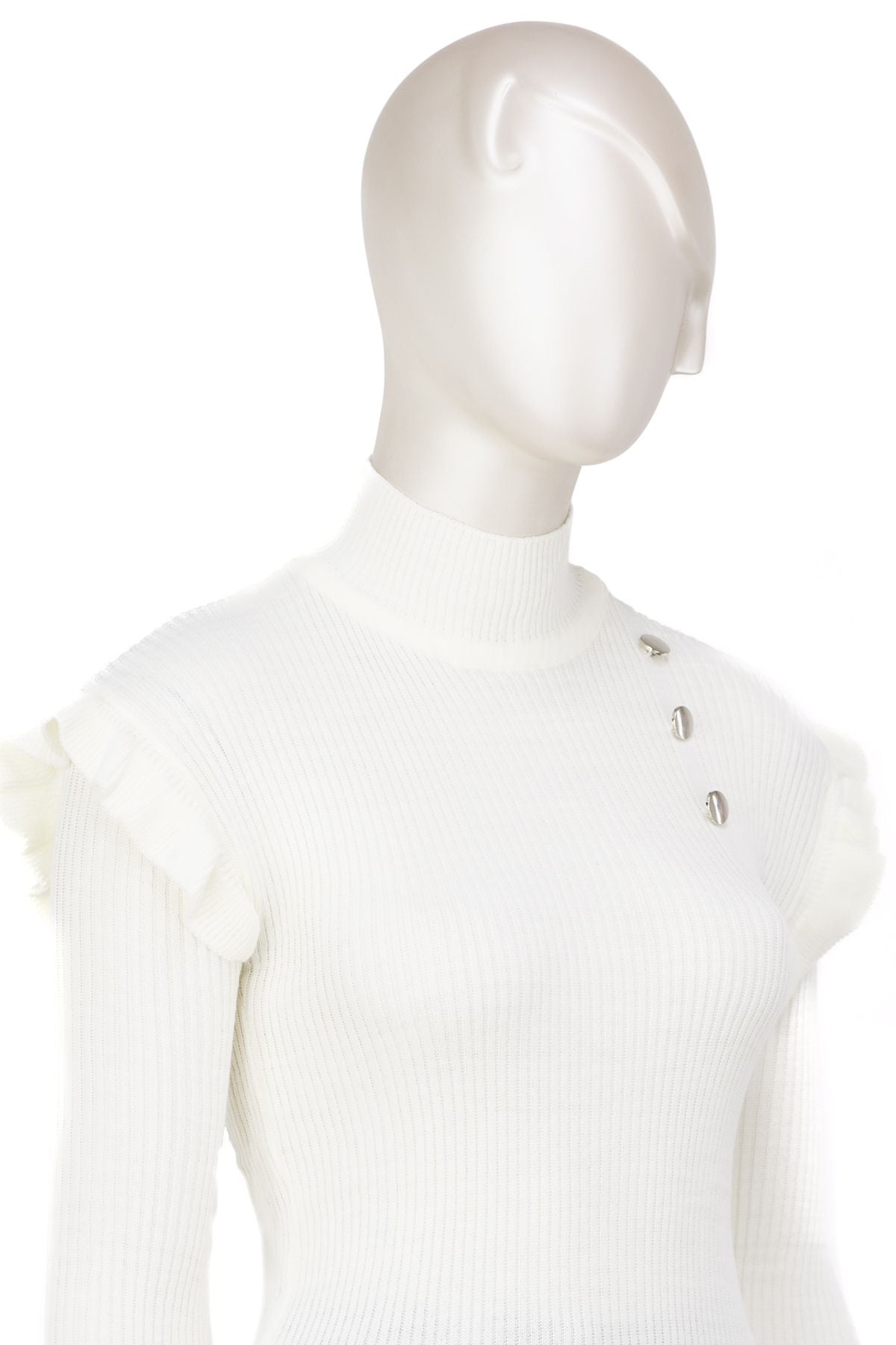 Kadın Kışlık Kolları Şık DüğmeDetaylı Yarım Yaka Bedene Oturan Likralı Örme Triko Badi Kazak