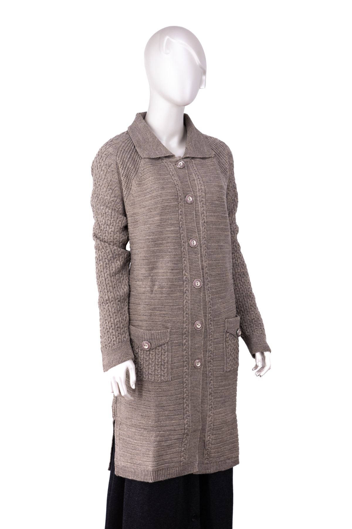 Kadın Kalın Kışlık Örgü Motifli Çift Cepli Triko Örme Anne Hırka Yakalı Rahat Kesim TamKalıp