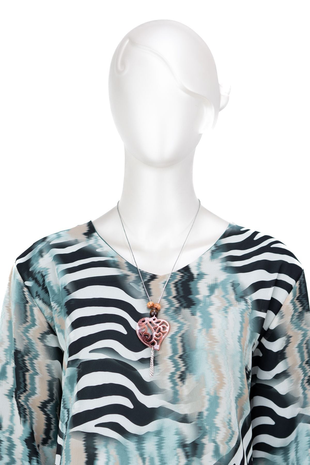 Kadın Klasik Şifon Anne Bluz Viskoz Kumaş Deniz Desenli Kolyeli Uzun Kollu Astarlı Tam Kalıp