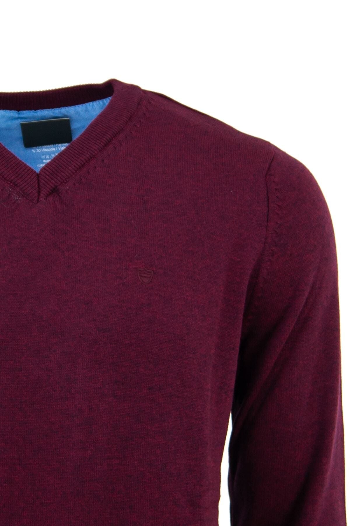 Erkek Kışlık V Yaka Armalı Uzun Kollu Düz Renk Rahat Kesim Likralı Pamuklu Dokuma Kazak