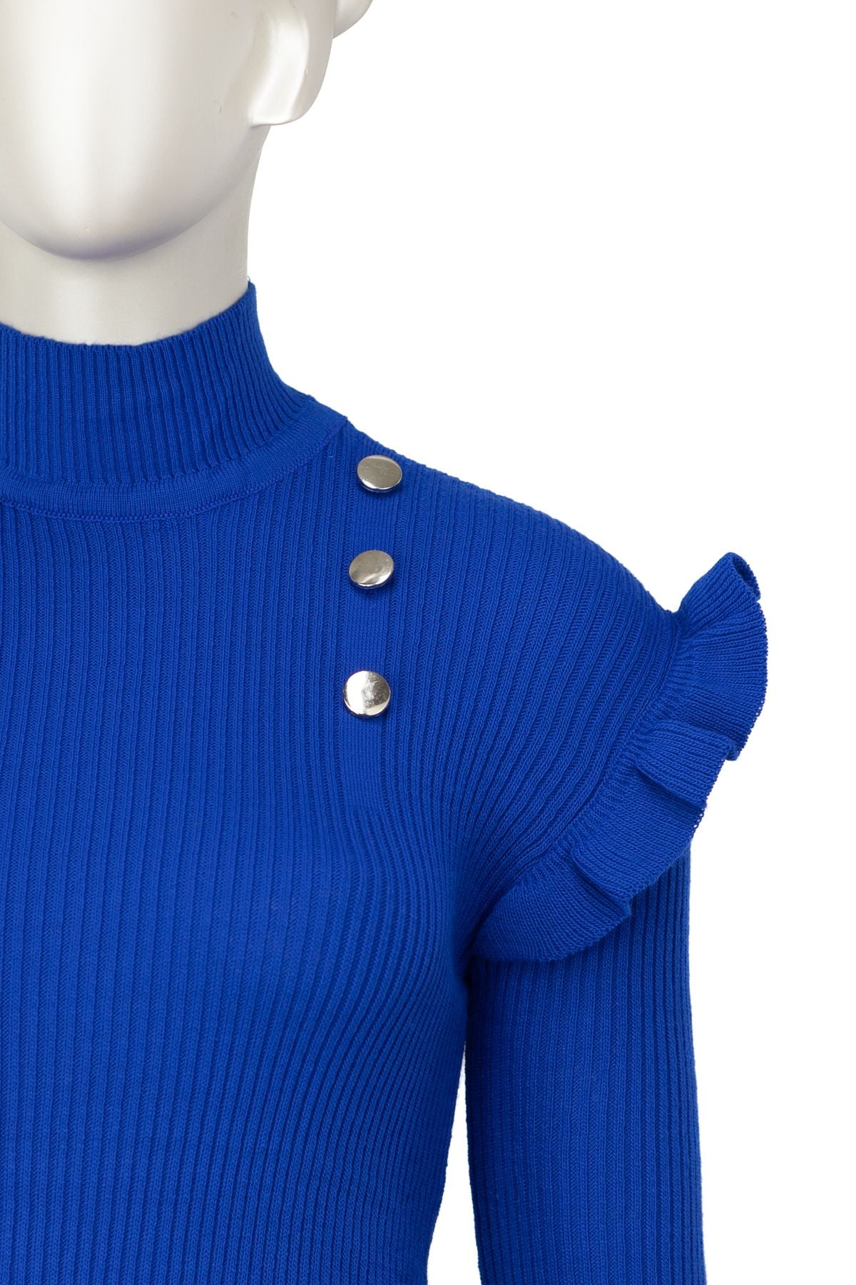 Kadın Kışlık Kolları Şık DüğmeDetaylı Yarım Yaka Bedene Oturan Likralı Örme Triko Badi Kazak