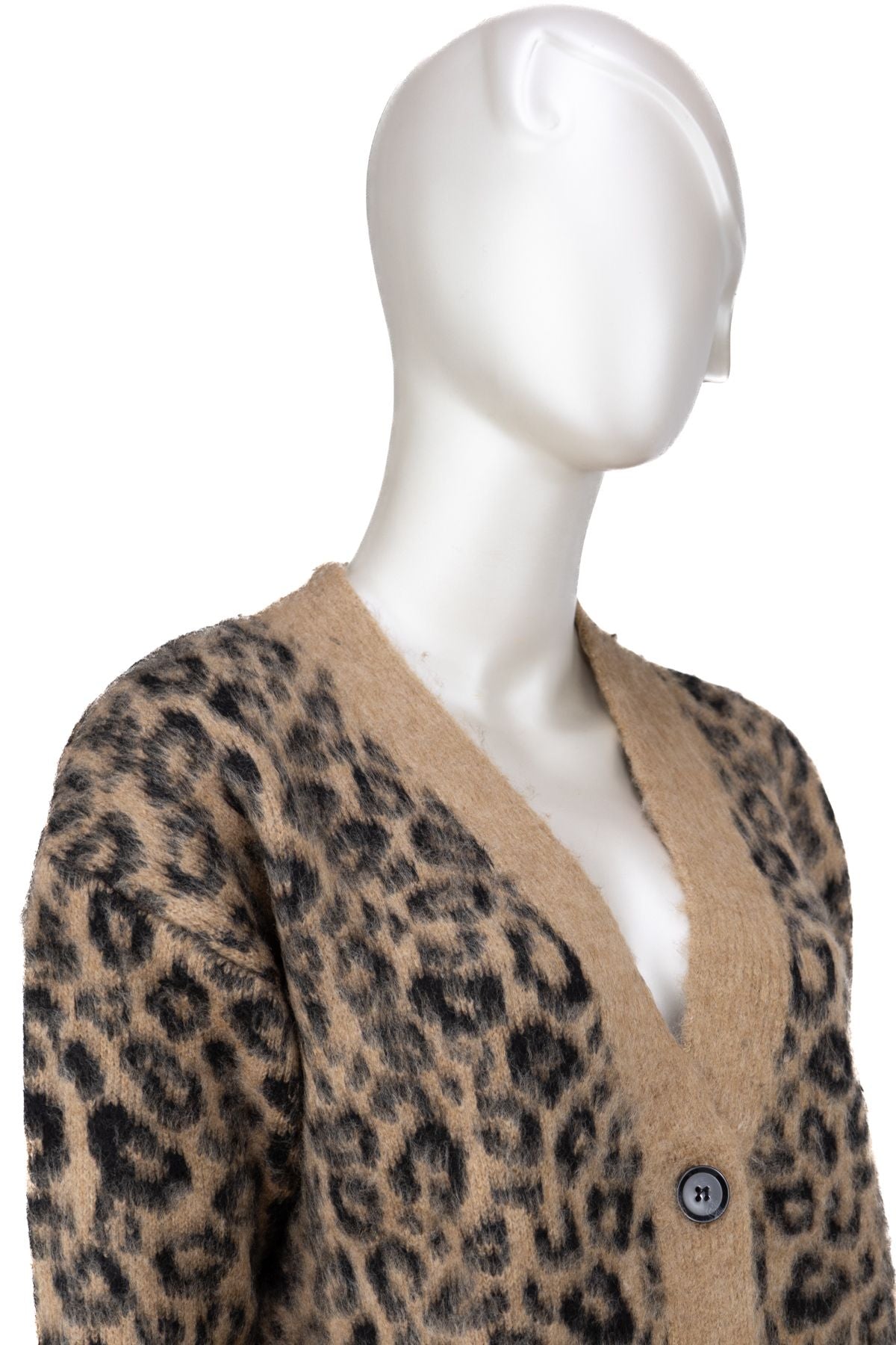 Kadın Kışlık Yün Örme Triko Hırka Over Size Standart Beden V Yaka Modern Leopar Motifli