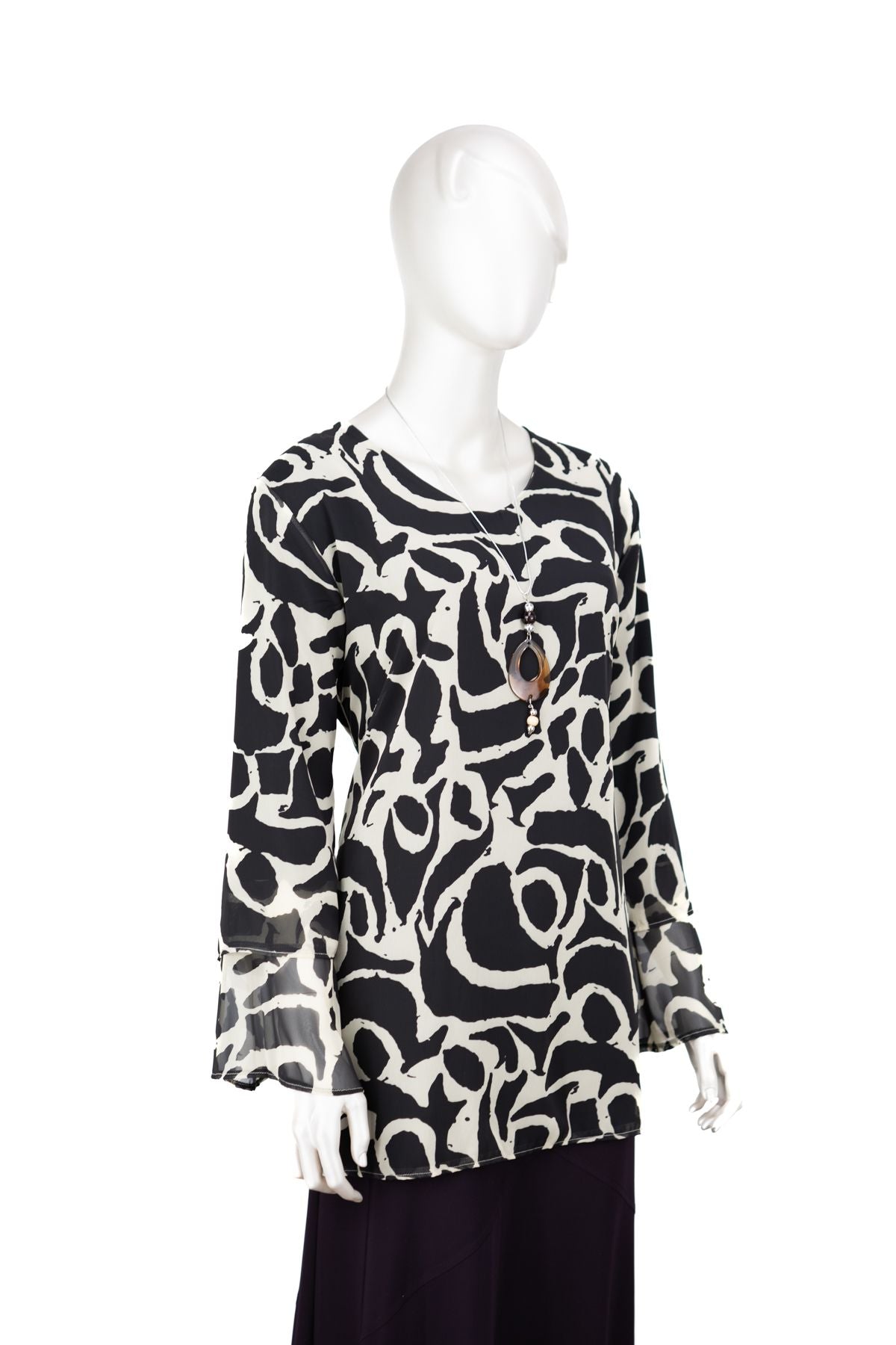 Kadın Klasik Şifon Anne Bluz Viskoz Kumaş Modern Desenli Kolyeli Uzun Kollu Astarlı TamKalıp