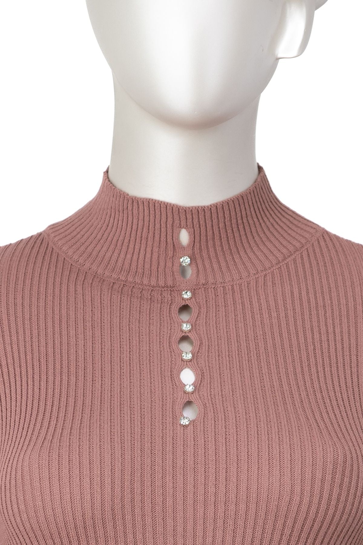 Kadın Kışlık Göğüste Şık Taşlı Yarım Yaka Bedene Oturan Likralı Örme Triko Badi Kazak